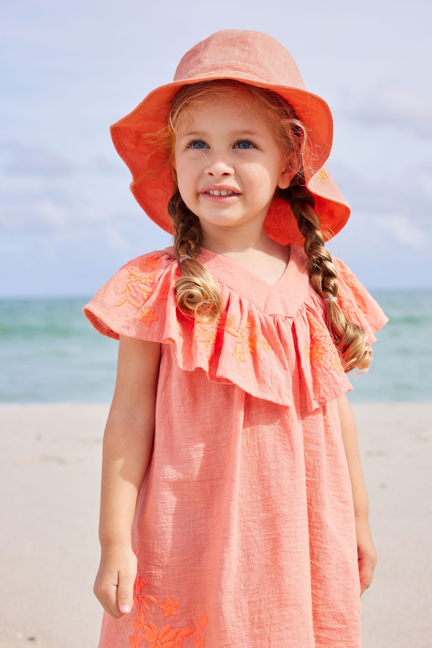 Orange Embroidered Low Back Bucket Hat (3mths-10yrs)