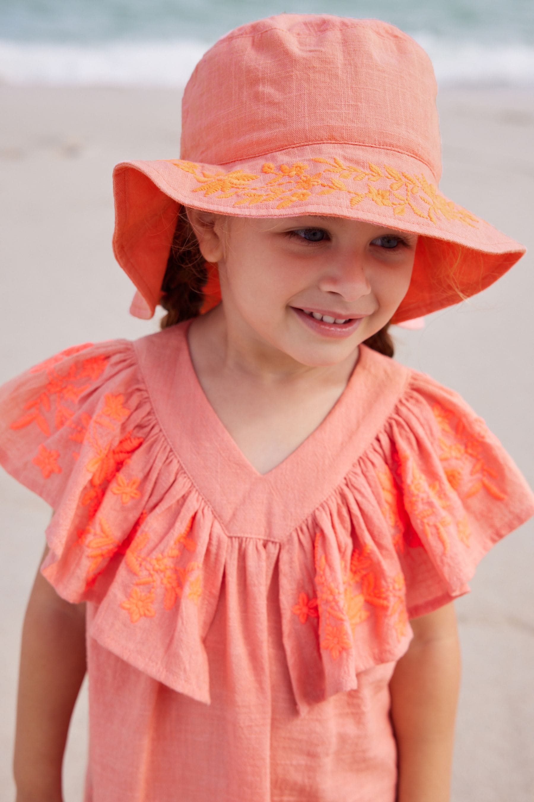 Orange Embroidered Low Back Bucket Hat (3mths-10yrs)