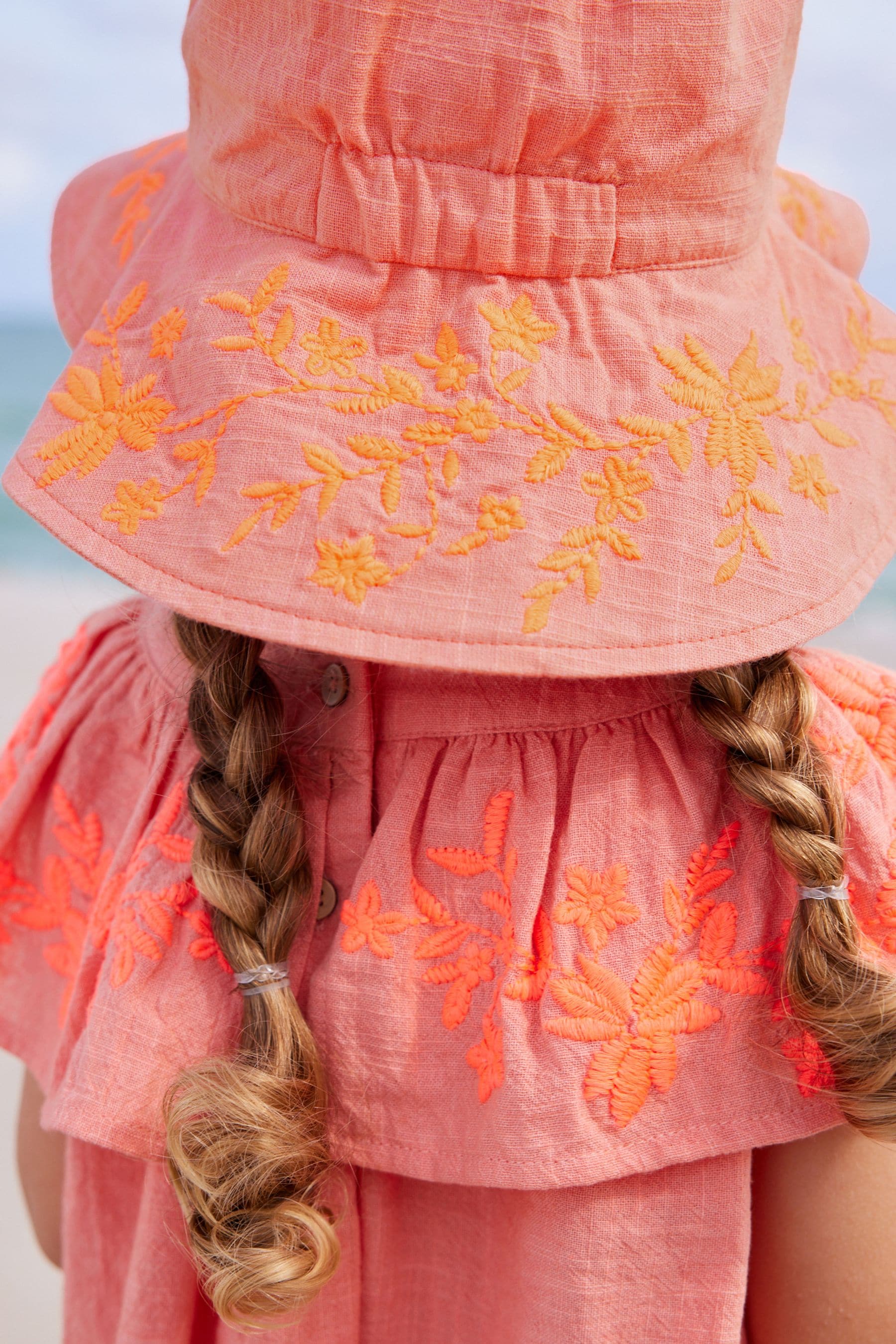 Orange Embroidered Low Back Bucket Hat (3mths-10yrs)