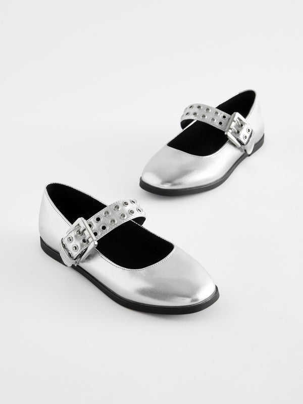 Silver Metallic Stud Strap Mary Jane Shoes