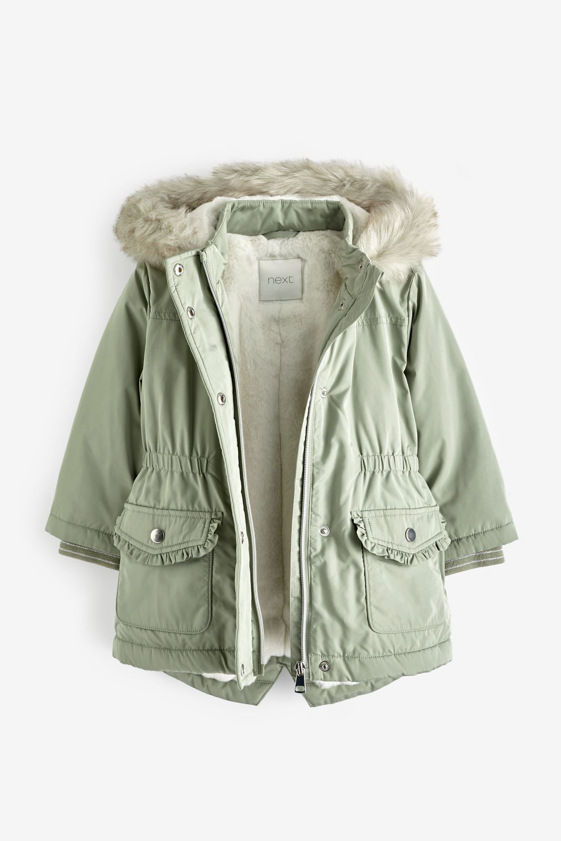 Sage Green Shower Resistant Faux Fur Trim Parka (3mths-7yrs)