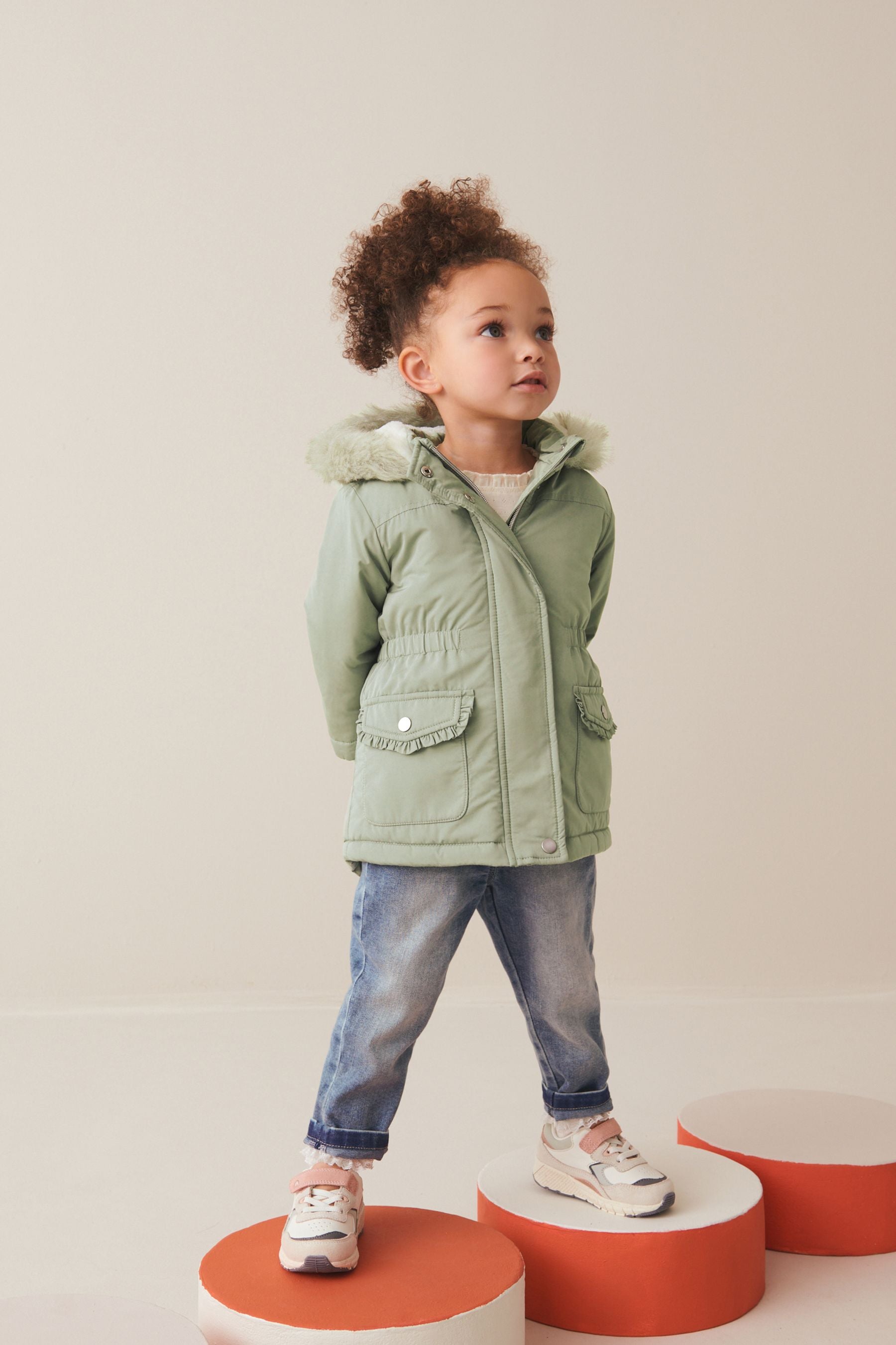 Sage Green Shower Resistant Faux Fur Trim Parka (3mths-7yrs)