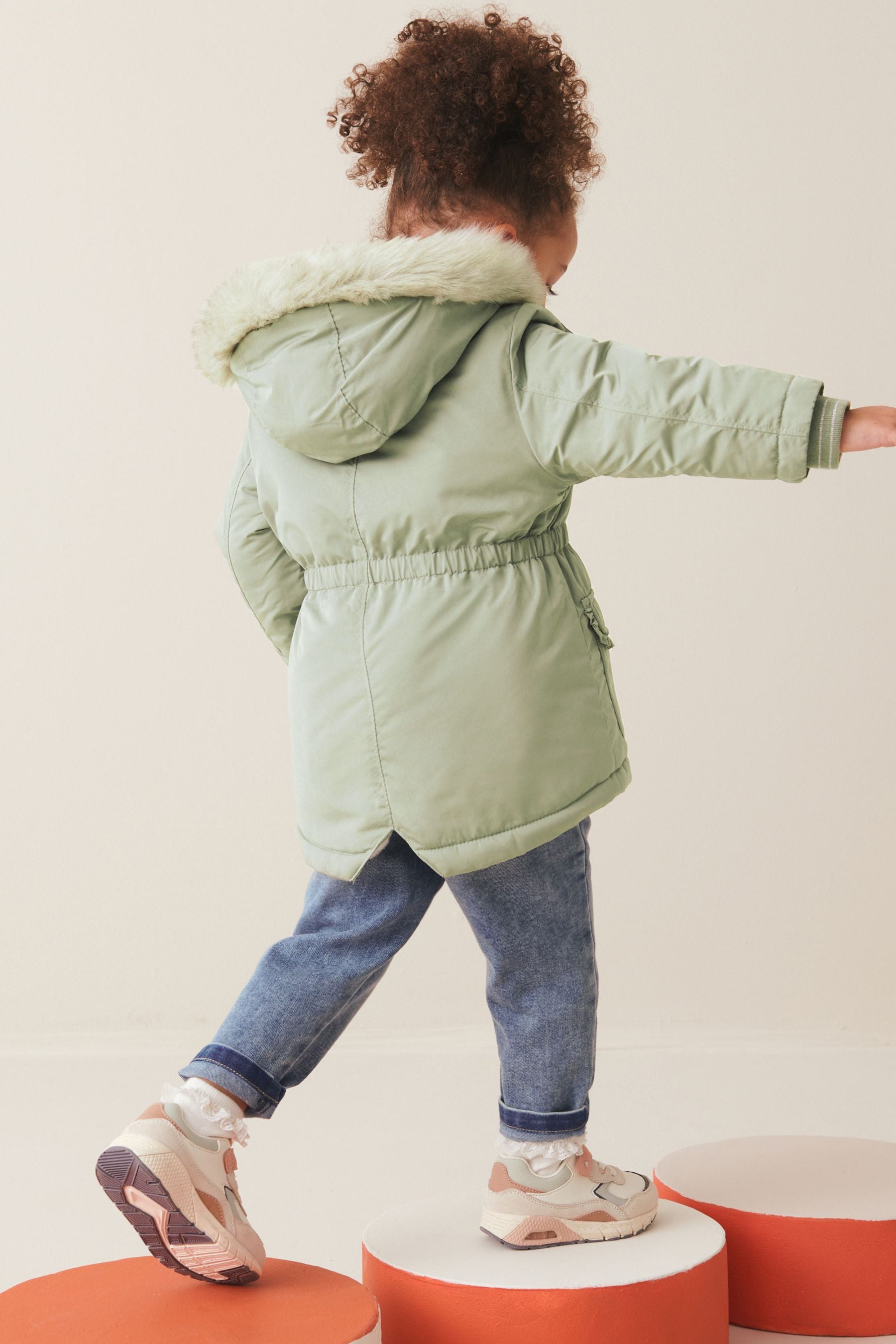 Sage Green Shower Resistant Faux Fur Trim Parka (3mths-7yrs)