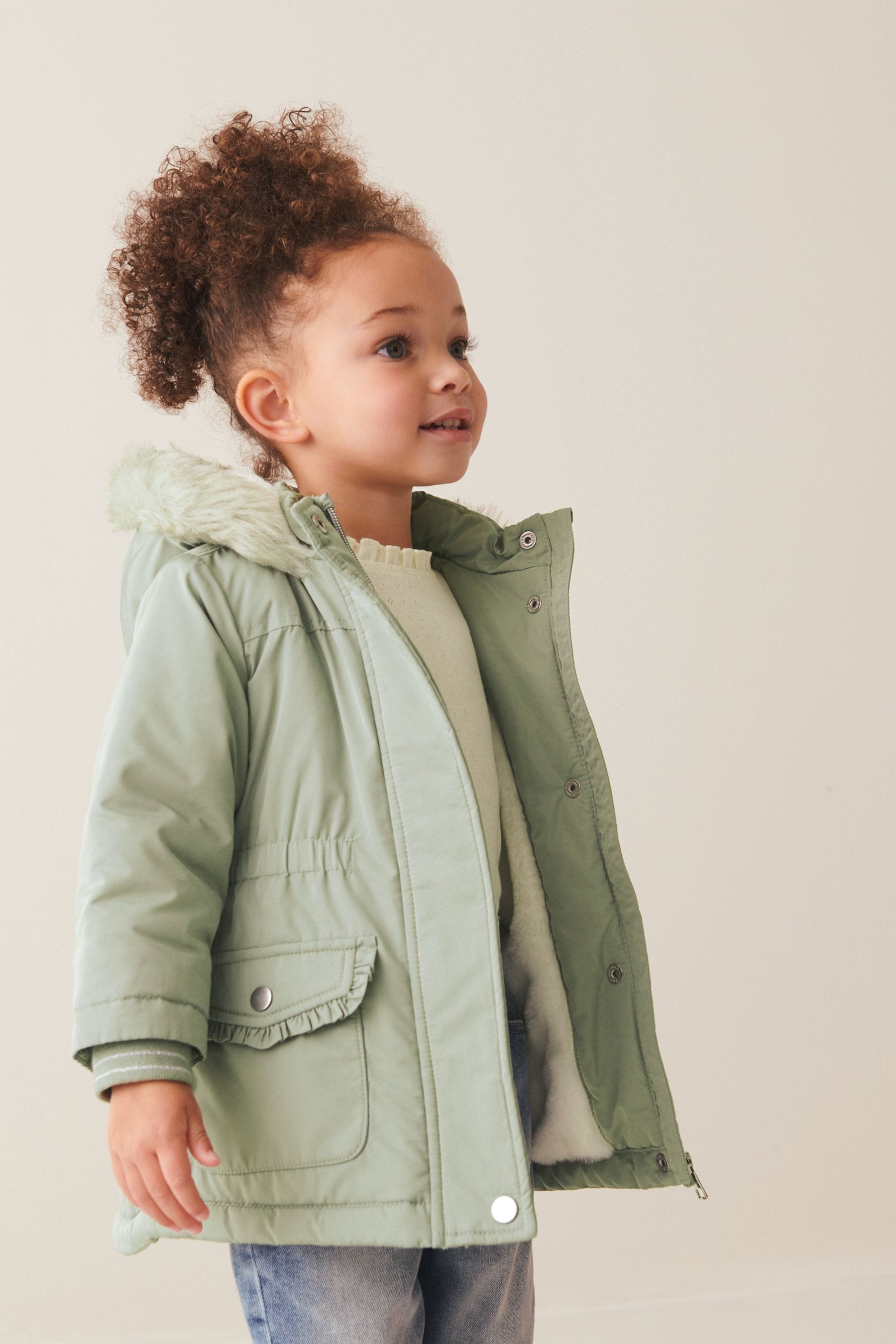 Sage Green Shower Resistant Faux Fur Trim Parka (3mths-7yrs)