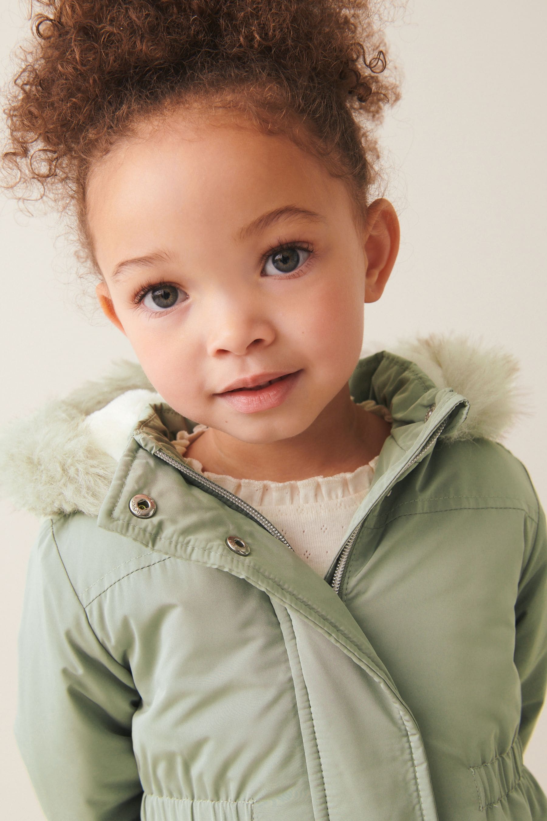 Sage Green Shower Resistant Faux Fur Trim Parka (3mths-7yrs)