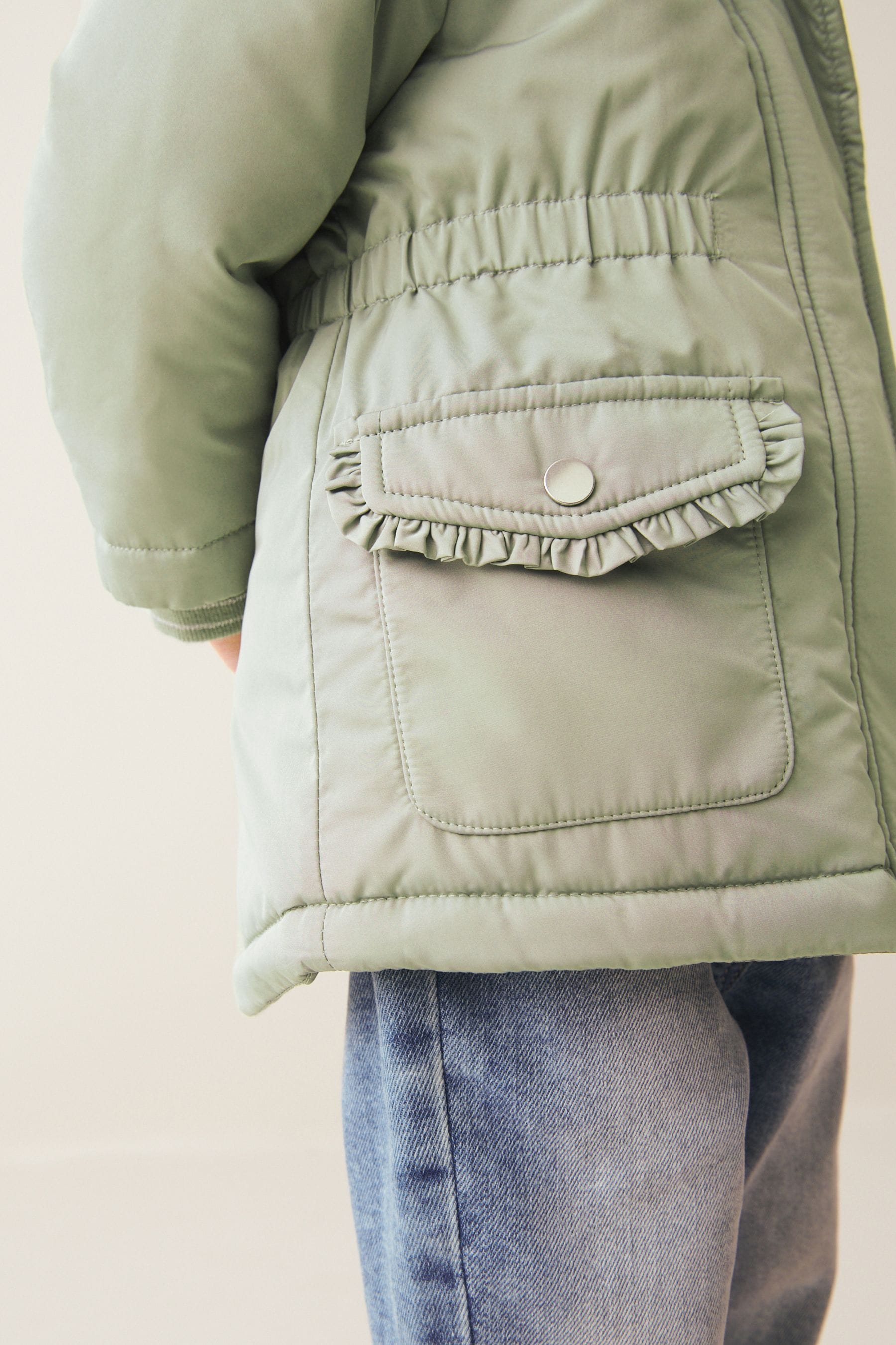 Sage Green Shower Resistant Faux Fur Trim Parka (3mths-7yrs)