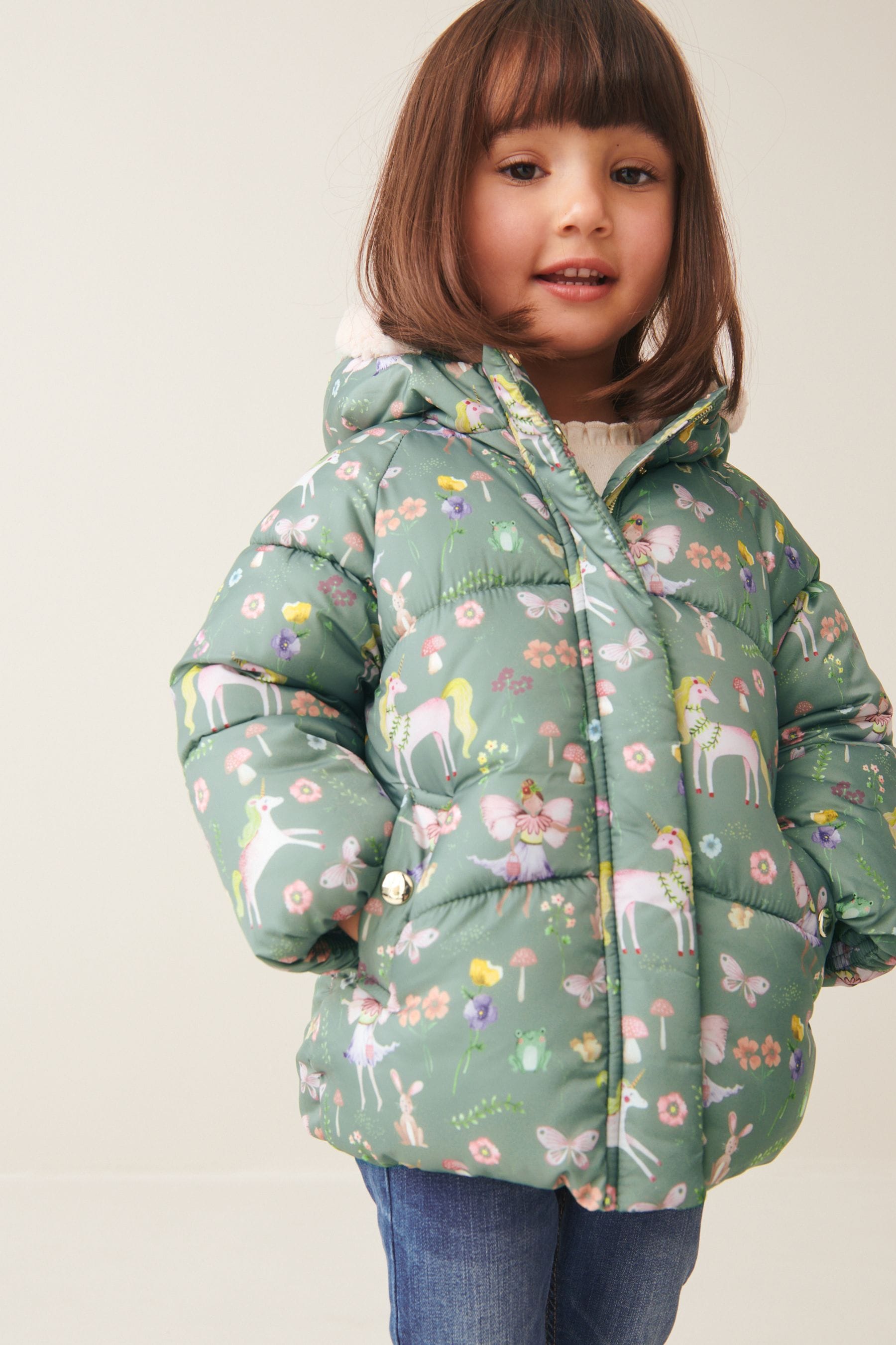 Khaki Green Printed Shower Resistant Padded Coat (3mths-7yrs)