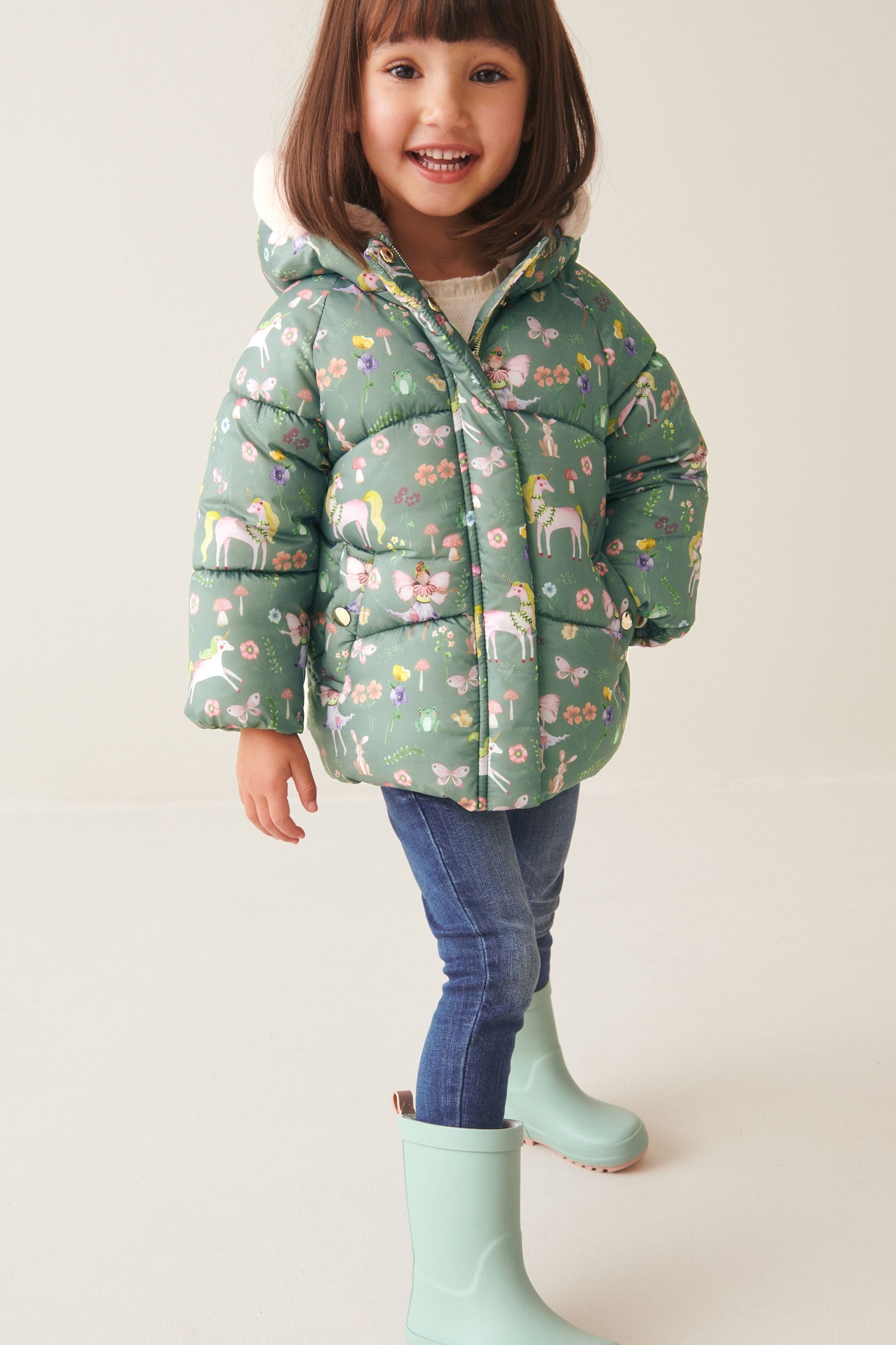 Khaki Green Printed Shower Resistant Padded Coat (3mths-7yrs)