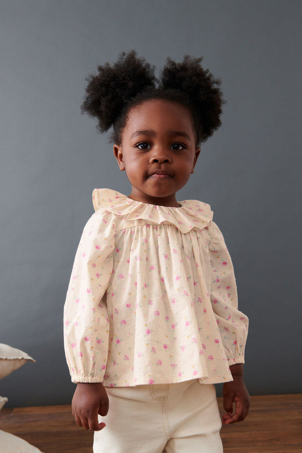 Pink/Cream Ditsy Printed Cotton Ruffle Blouse (3mths-7yrs)