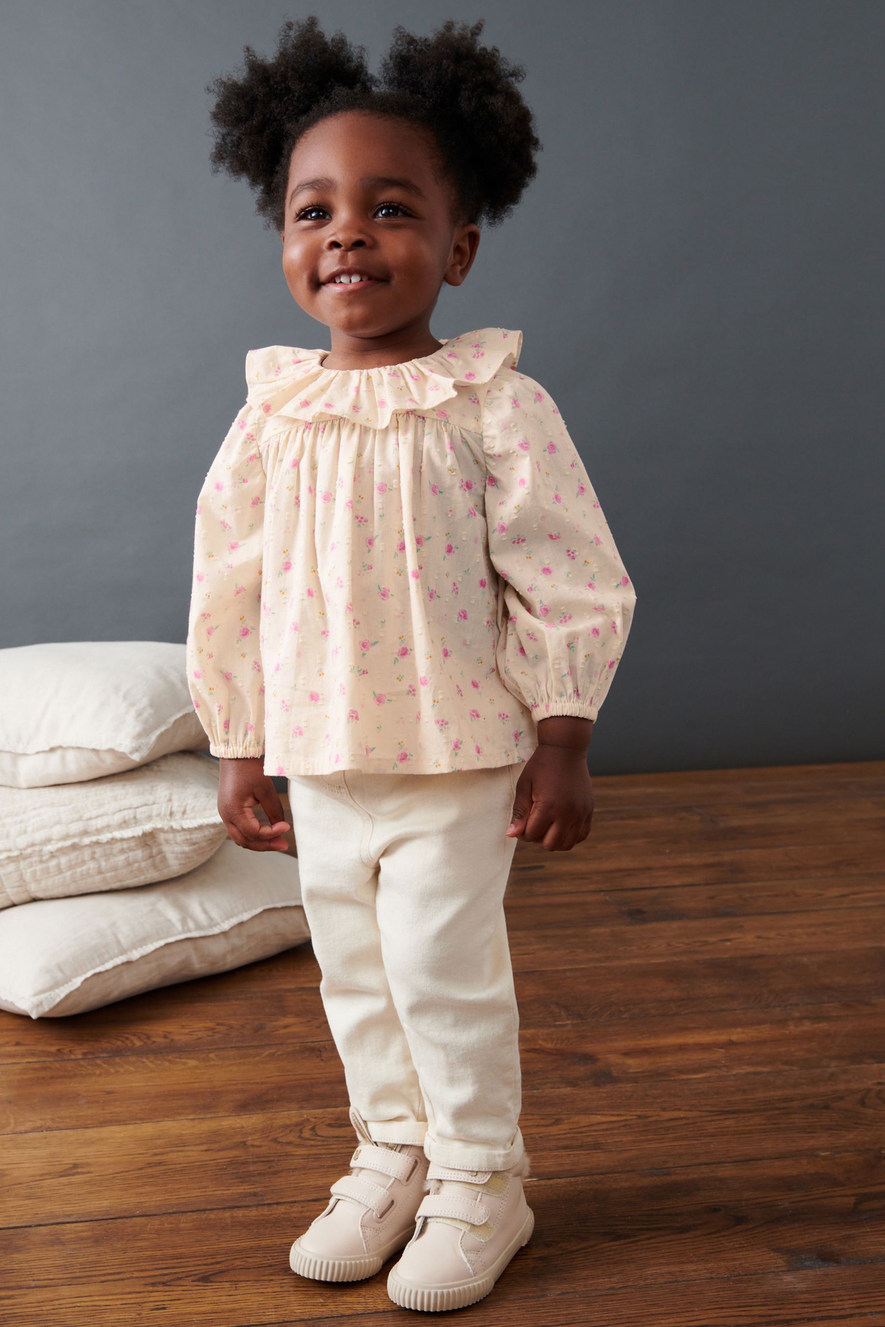 Pink/Cream Ditsy Printed Cotton Ruffle Blouse (3mths-7yrs)