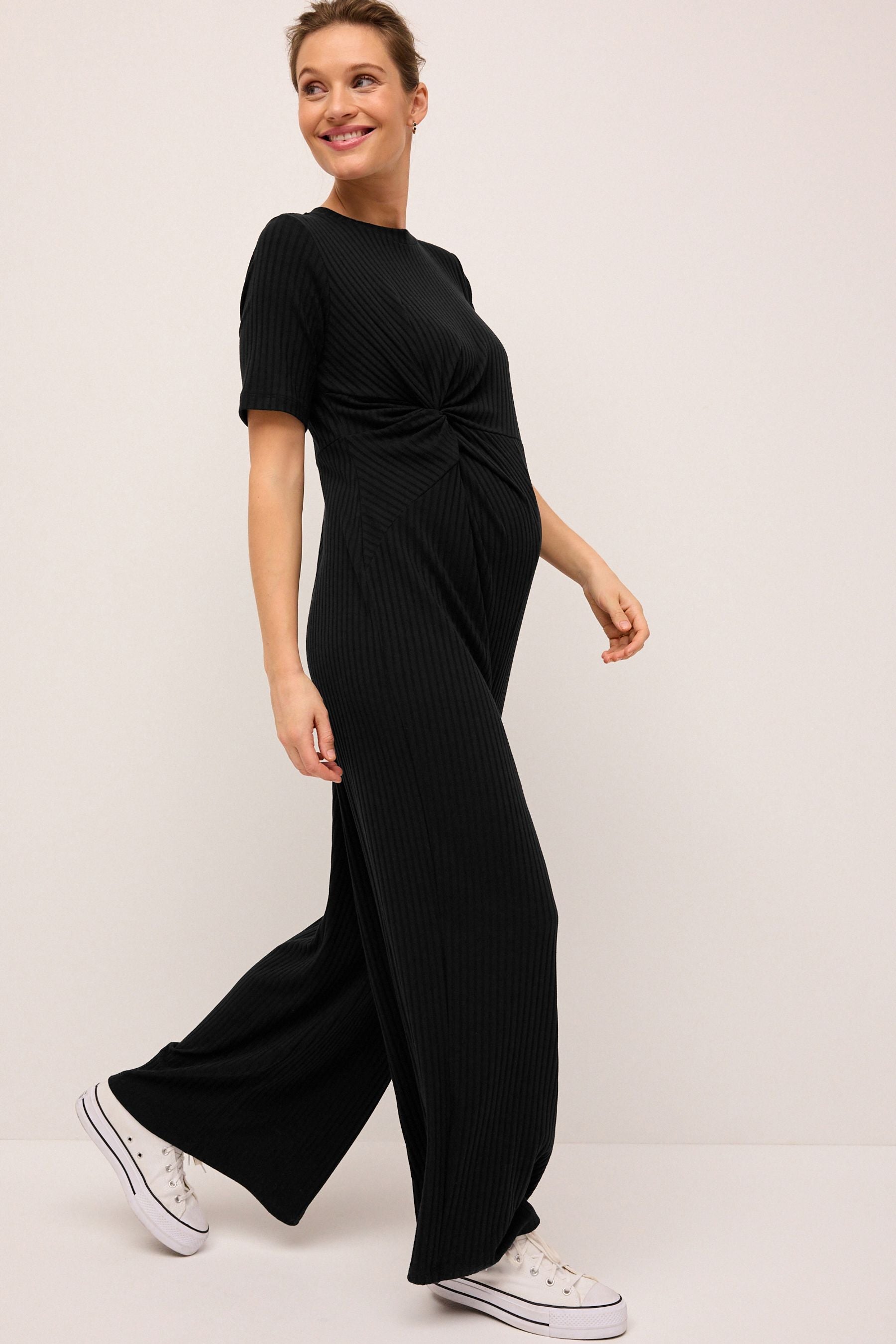 Black Ribbed Knot Side Jumpsuit