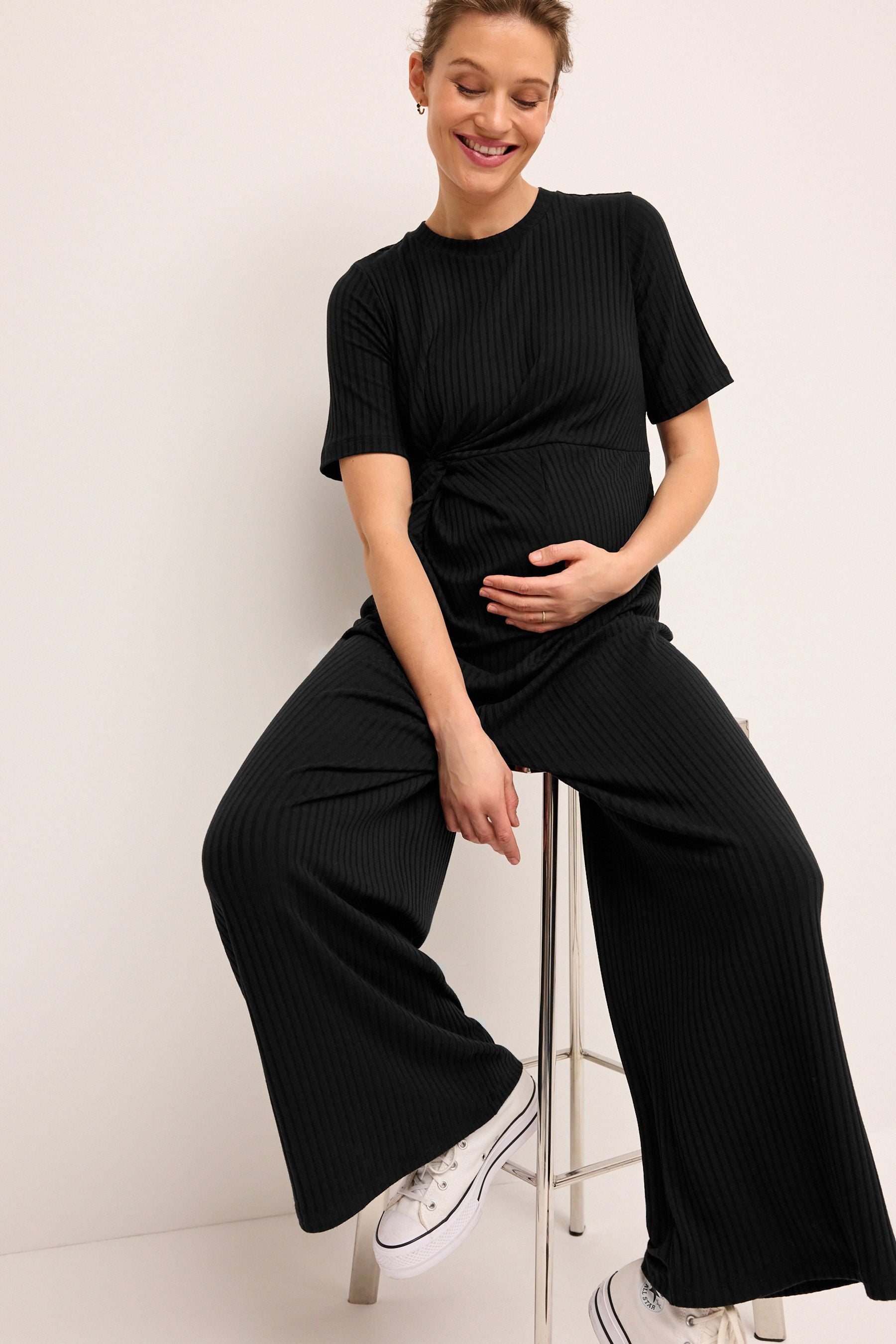 Black Ribbed Knot Side Jumpsuit