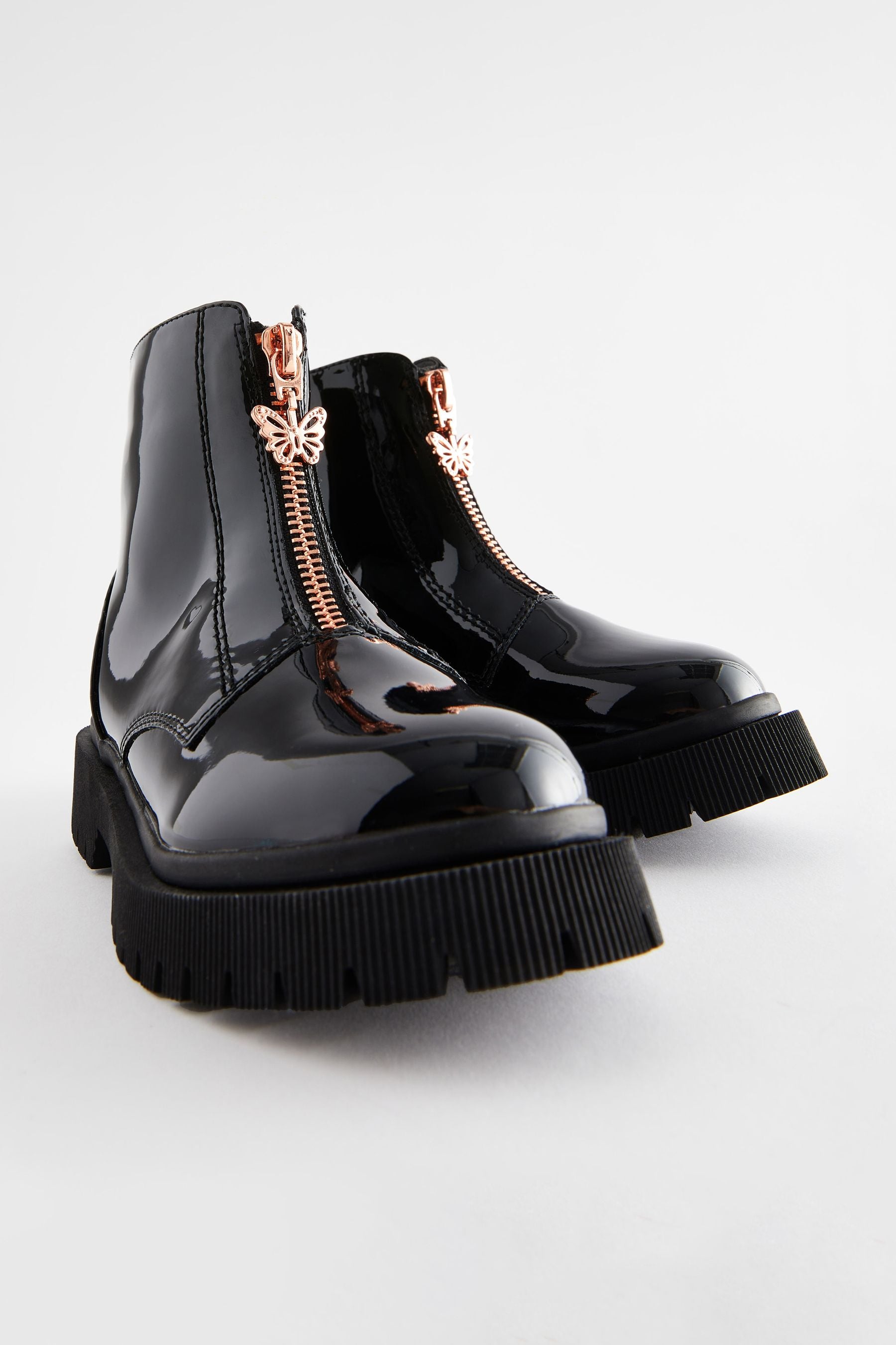 Black Patent Zip Front Chunky Boots