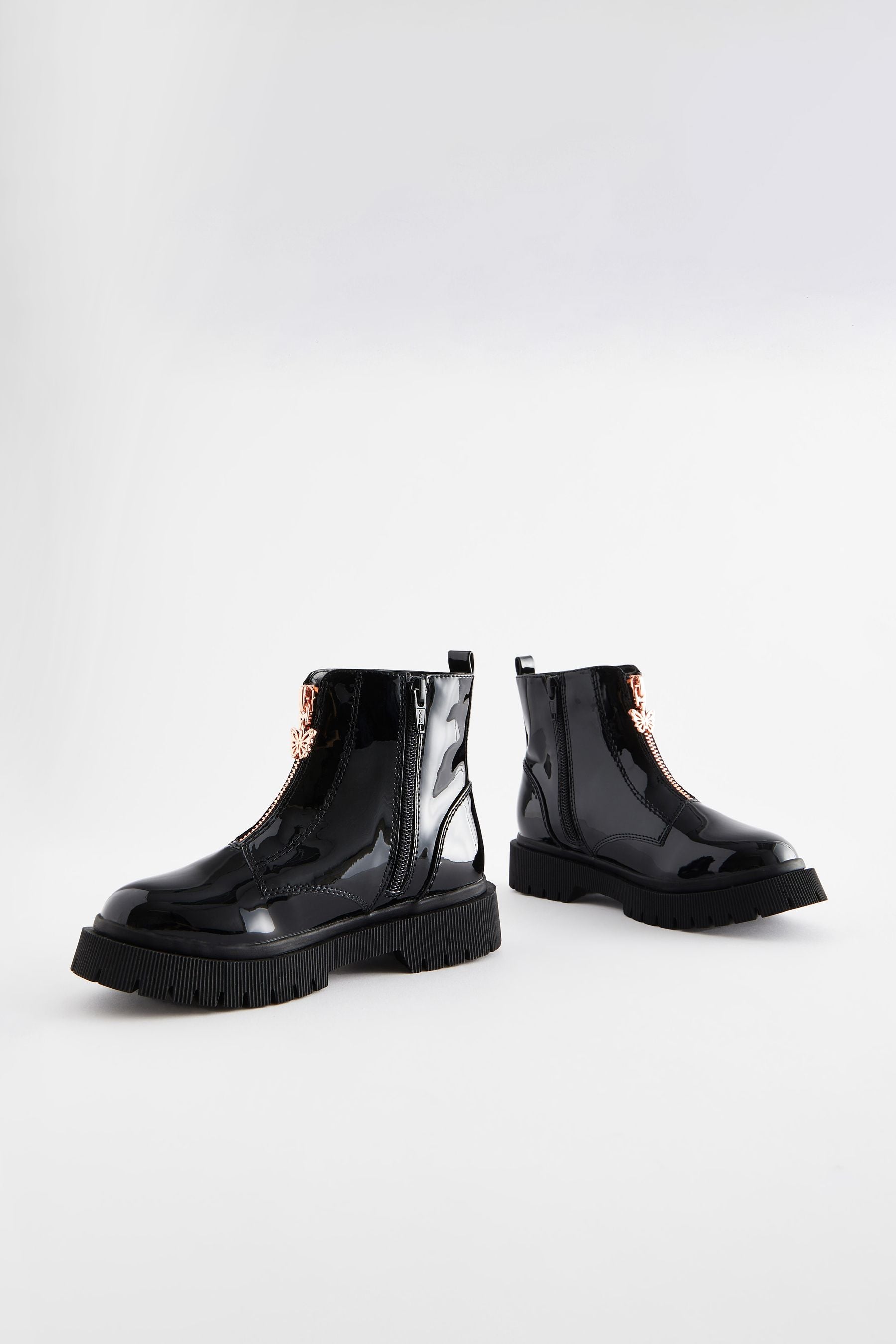 Black Patent Zip Front Chunky Boots