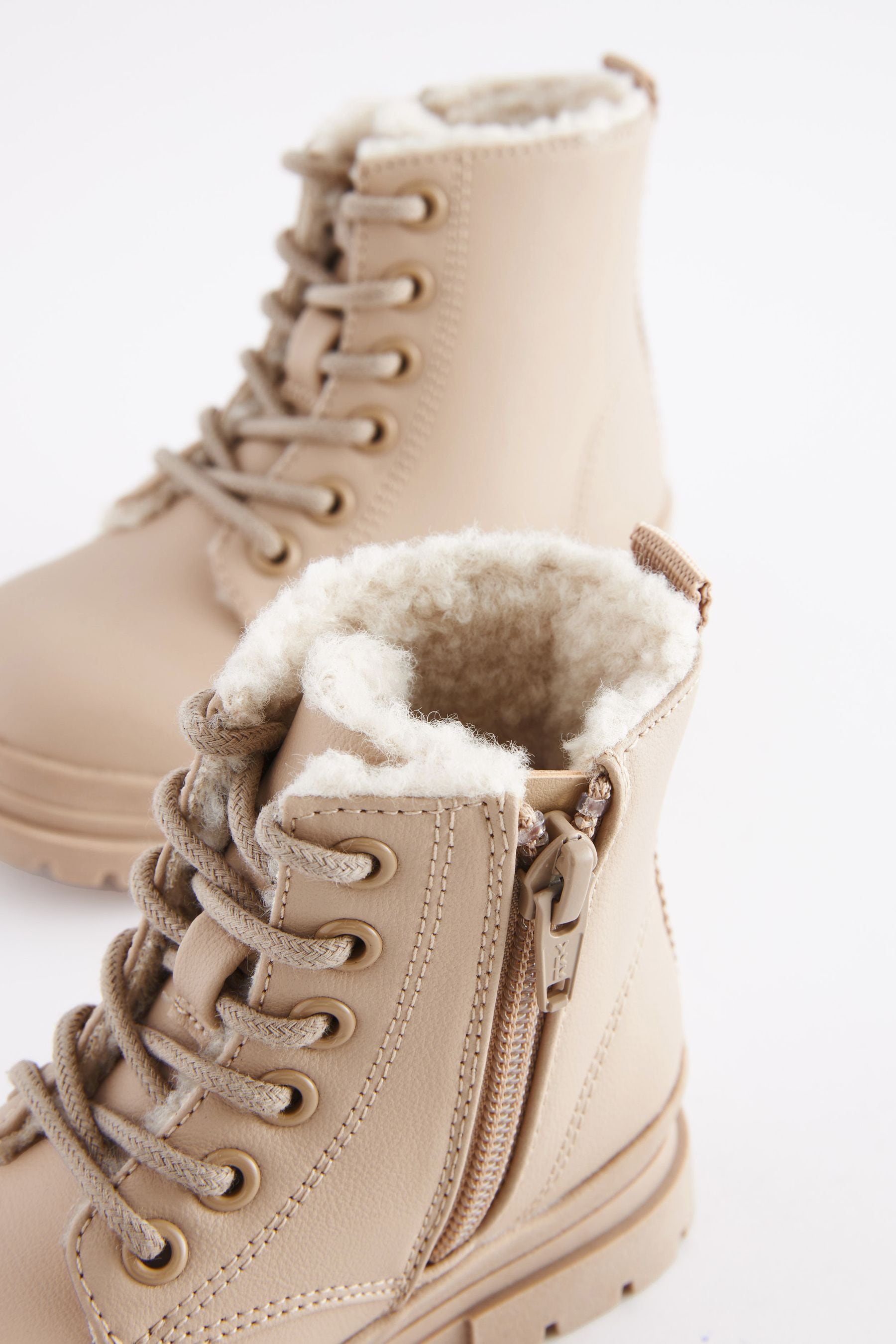 Beige Warm Lined Lace-Up Boots