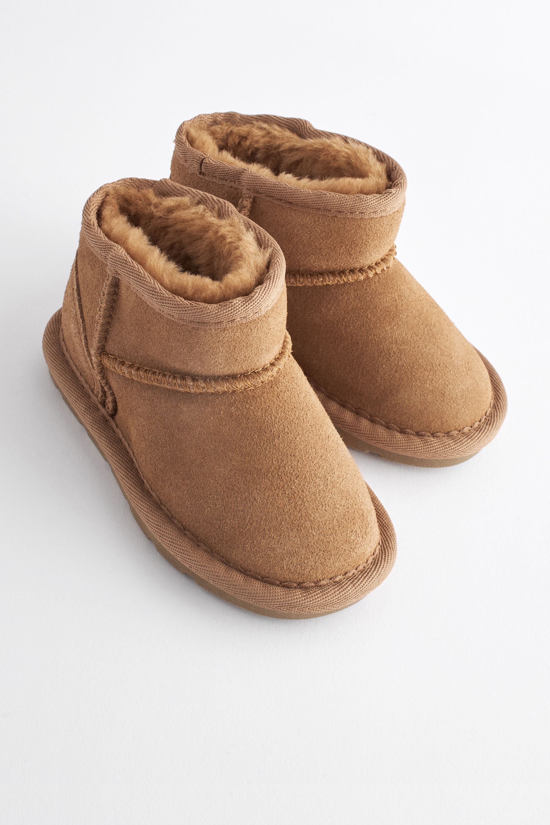 Tan Brown Mini Faux Fur Lined Water Repellent Pull-On Suede Boots