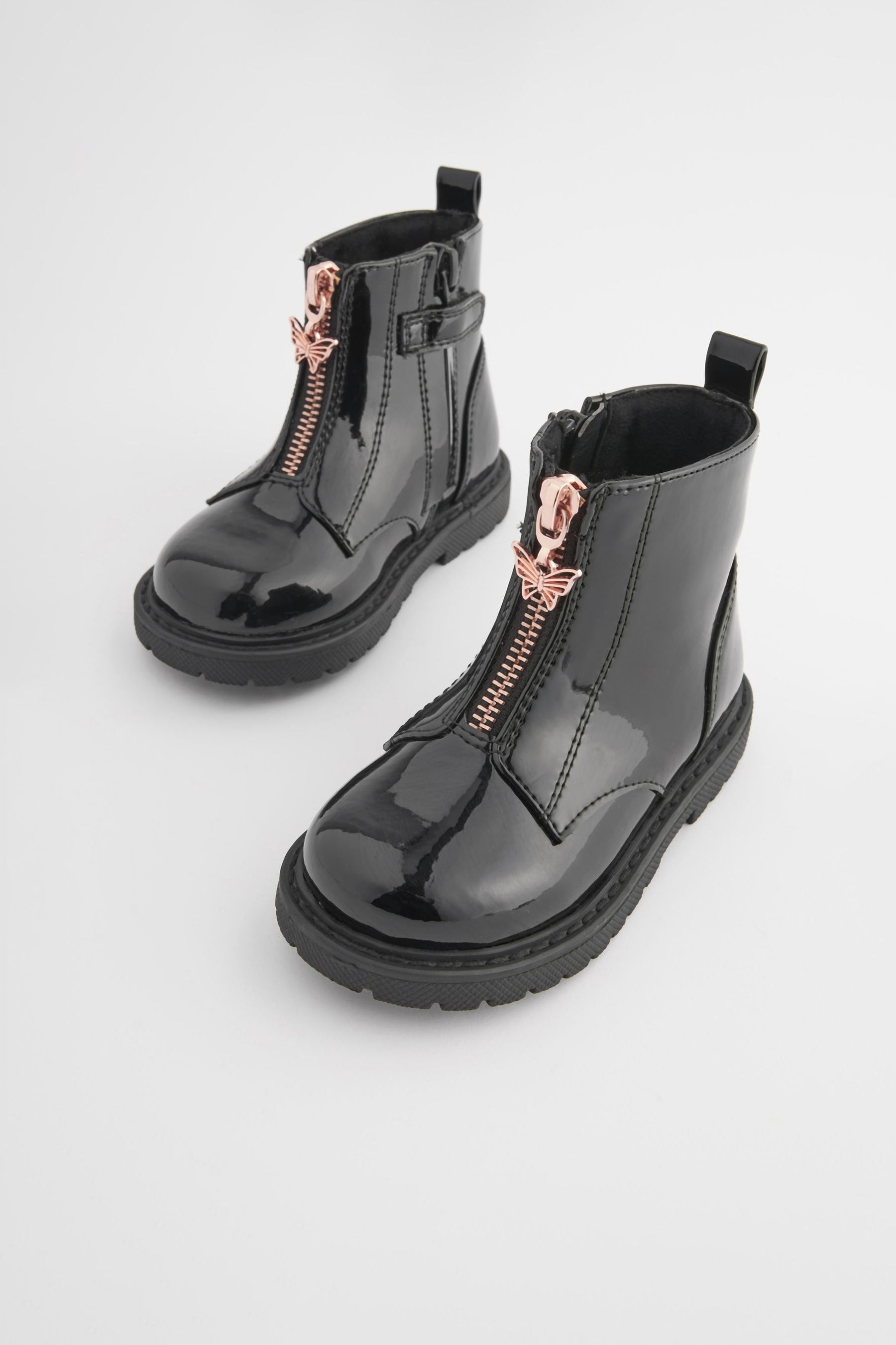 Black Patent Zip Front Charm Detail Ankle Boots