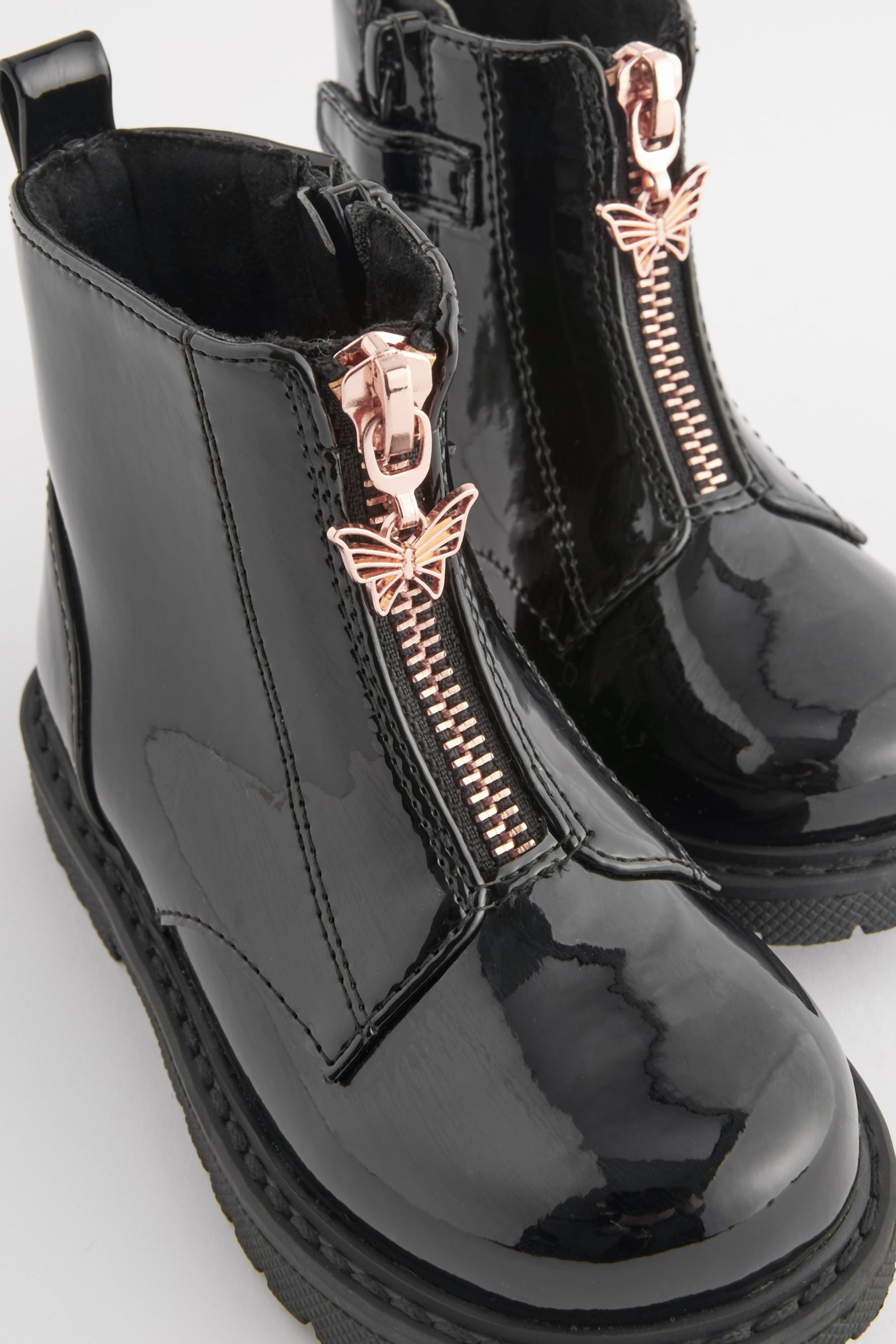 Black Patent Zip Front Charm Detail Ankle Boots