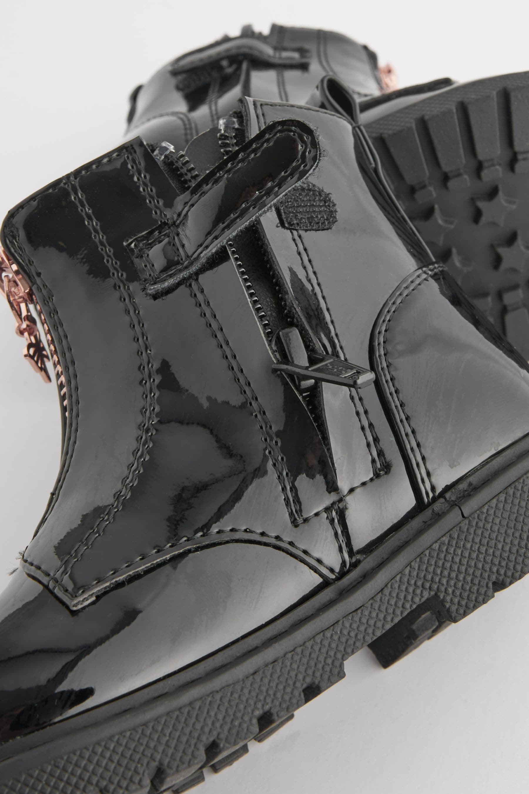 Black Patent Zip Front Charm Detail Ankle Boots