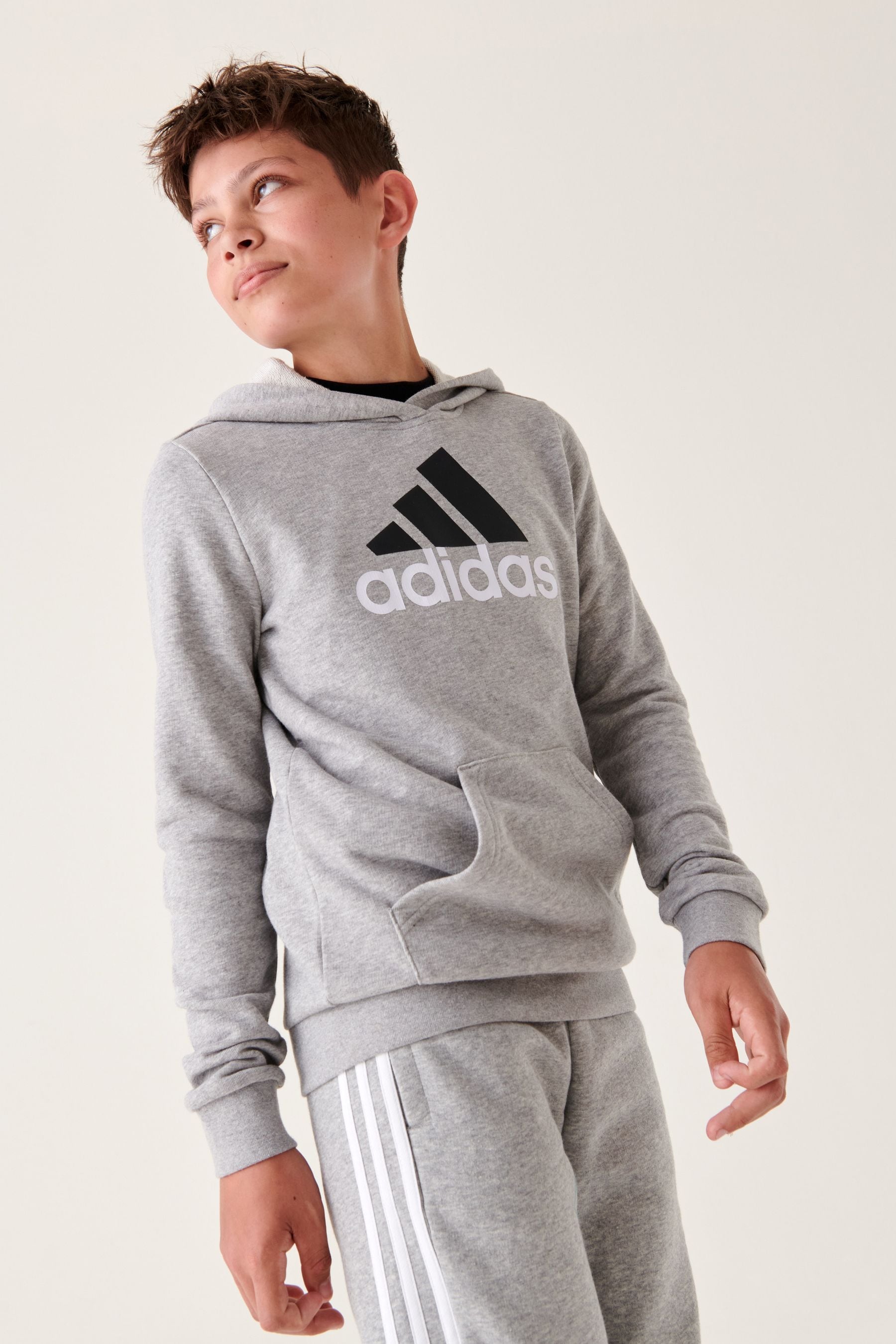 adidas Grey Sportswear Essentials Two Colored Big Logo Cotton Hoodie