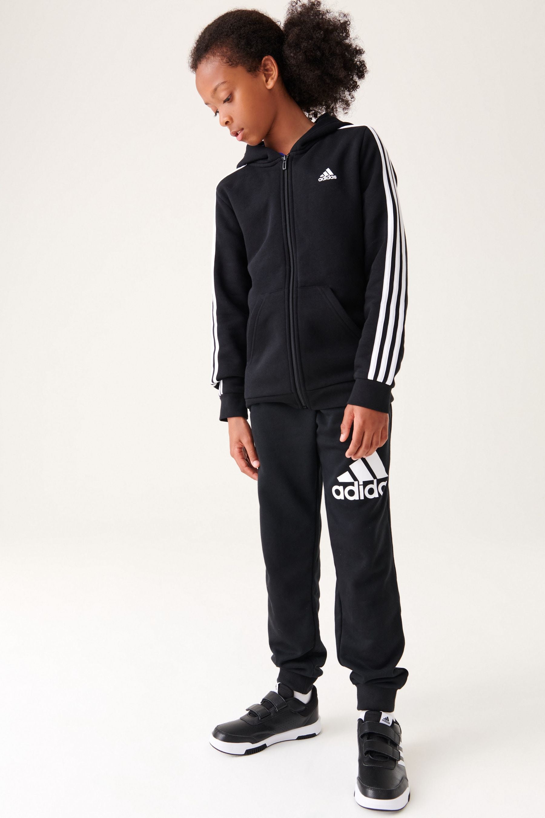 adidas Black 100% Cotton Essentials 3 Stripes Full Zip Hoodie