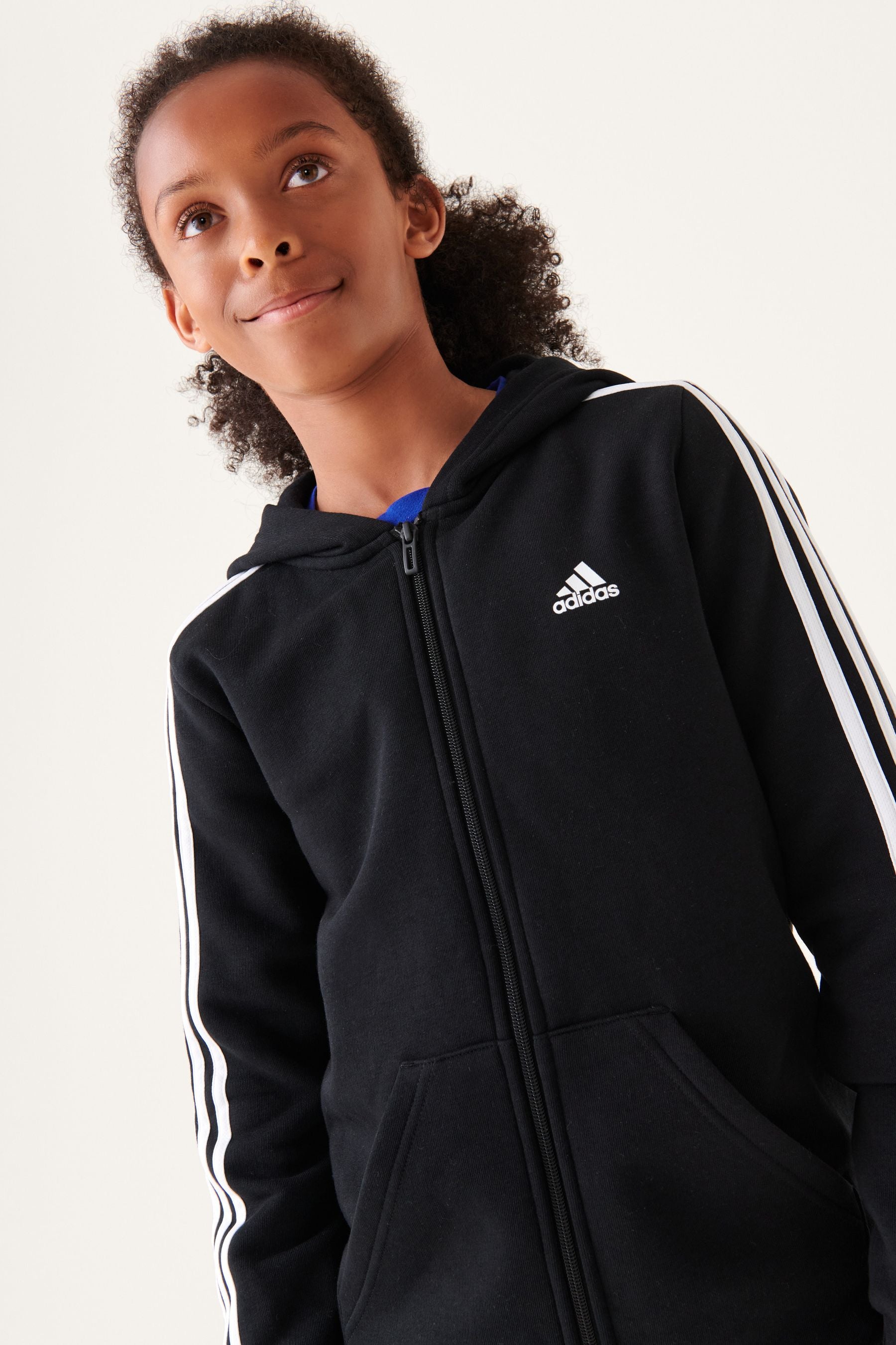 adidas Black 100% Cotton Essentials 3 Stripes Full Zip Hoodie