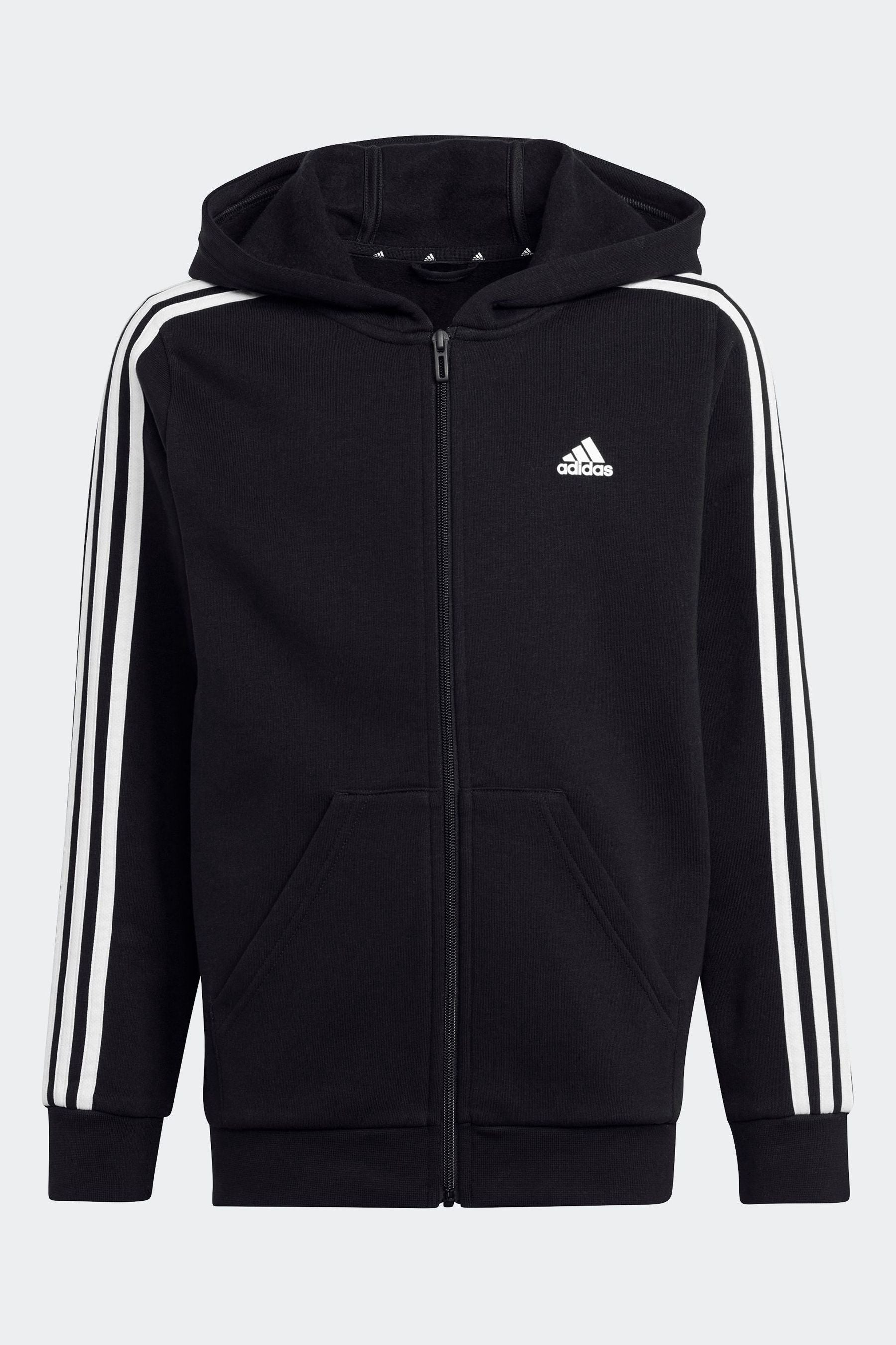 adidas Black 100% Cotton Essentials 3 Stripes Full Zip Hoodie