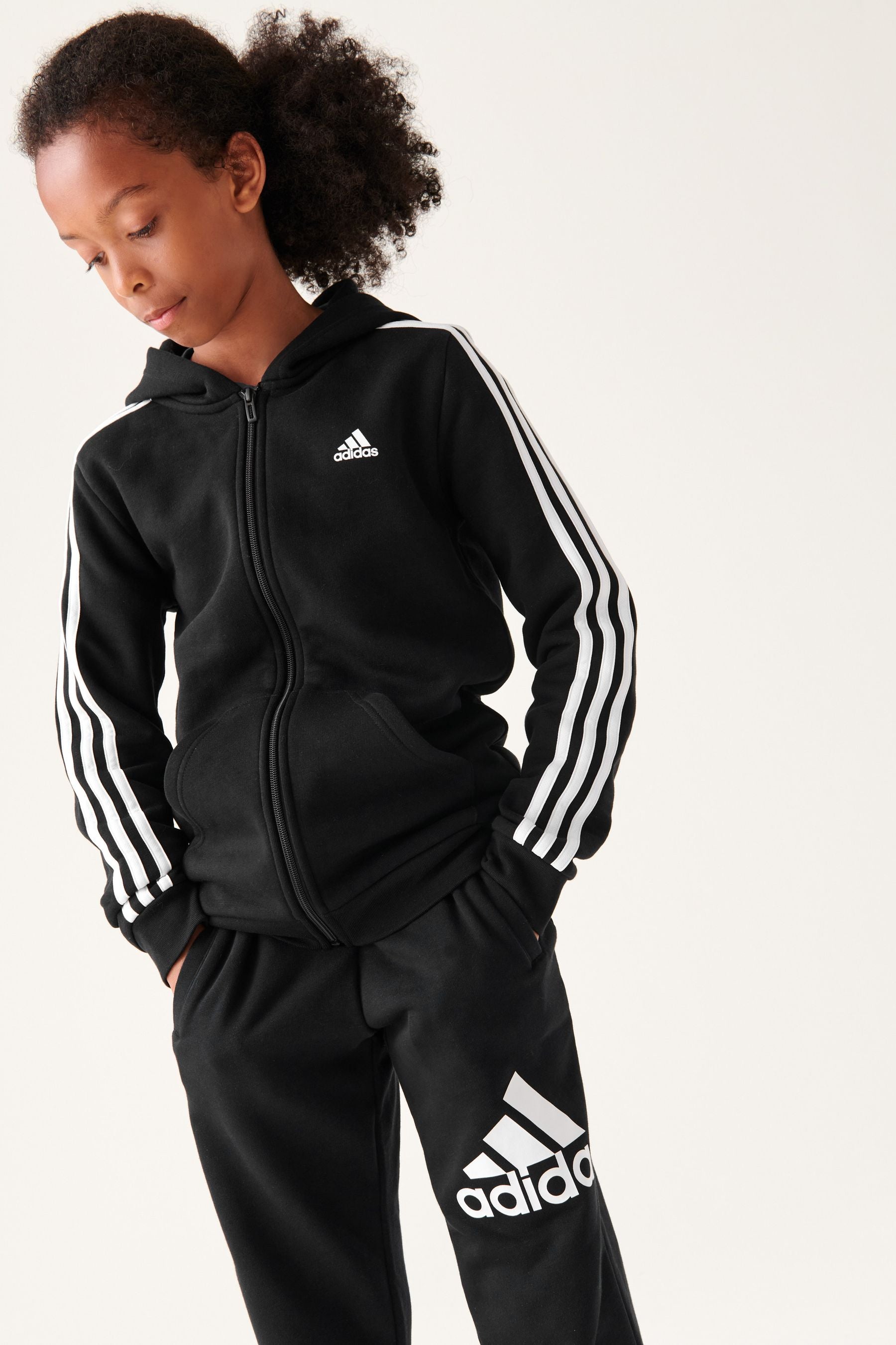 adidas Black 100% Cotton Essentials 3 Stripes Full Zip Hoodie