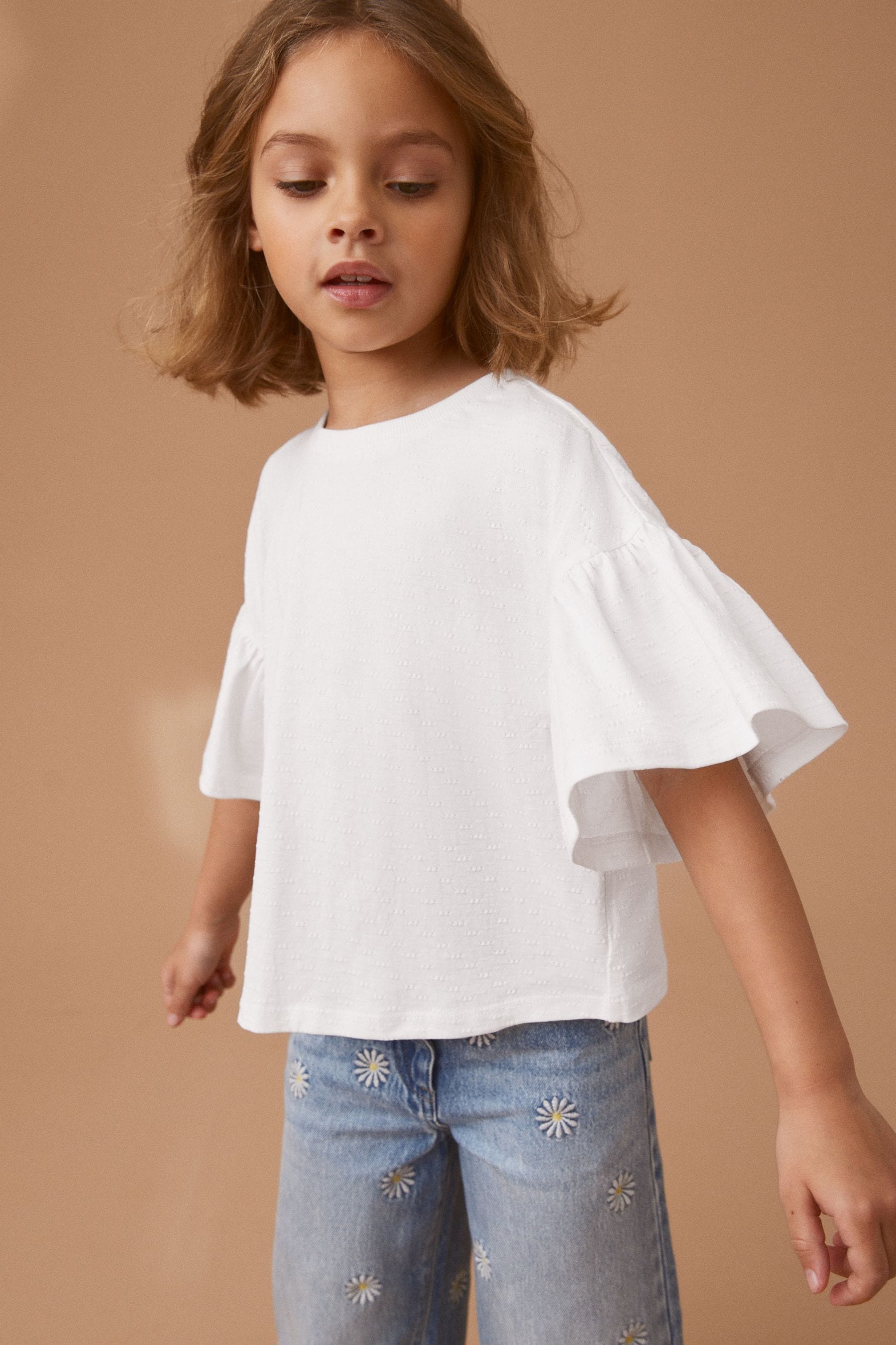 White Textured Frill Sleeve T-Shirt (3-16yrs)