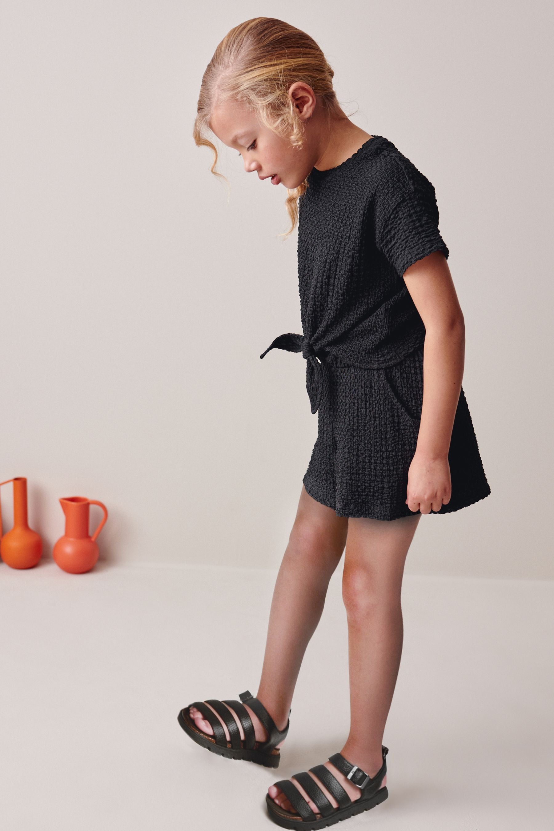 Black Textured Crinkle Tie Front T-Shirt and Shorts Set (3-16yrs)