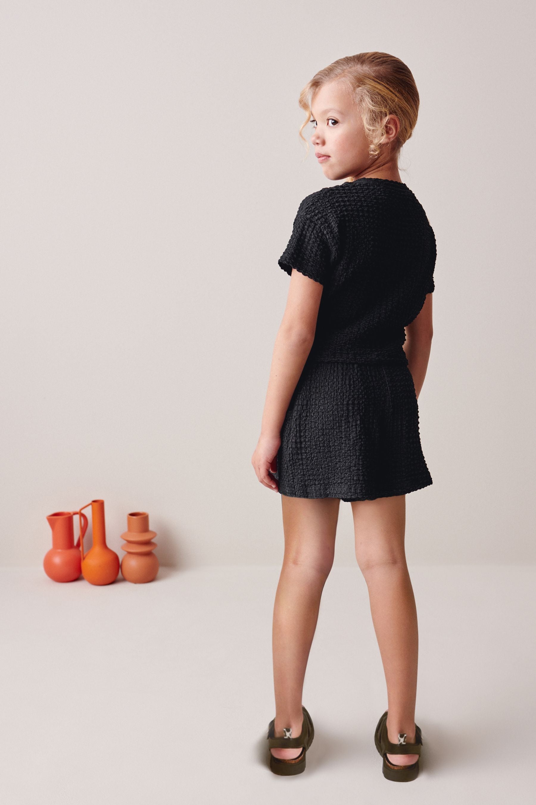 Black Textured Crinkle Tie Front T-Shirt and Shorts Set (3-16yrs)