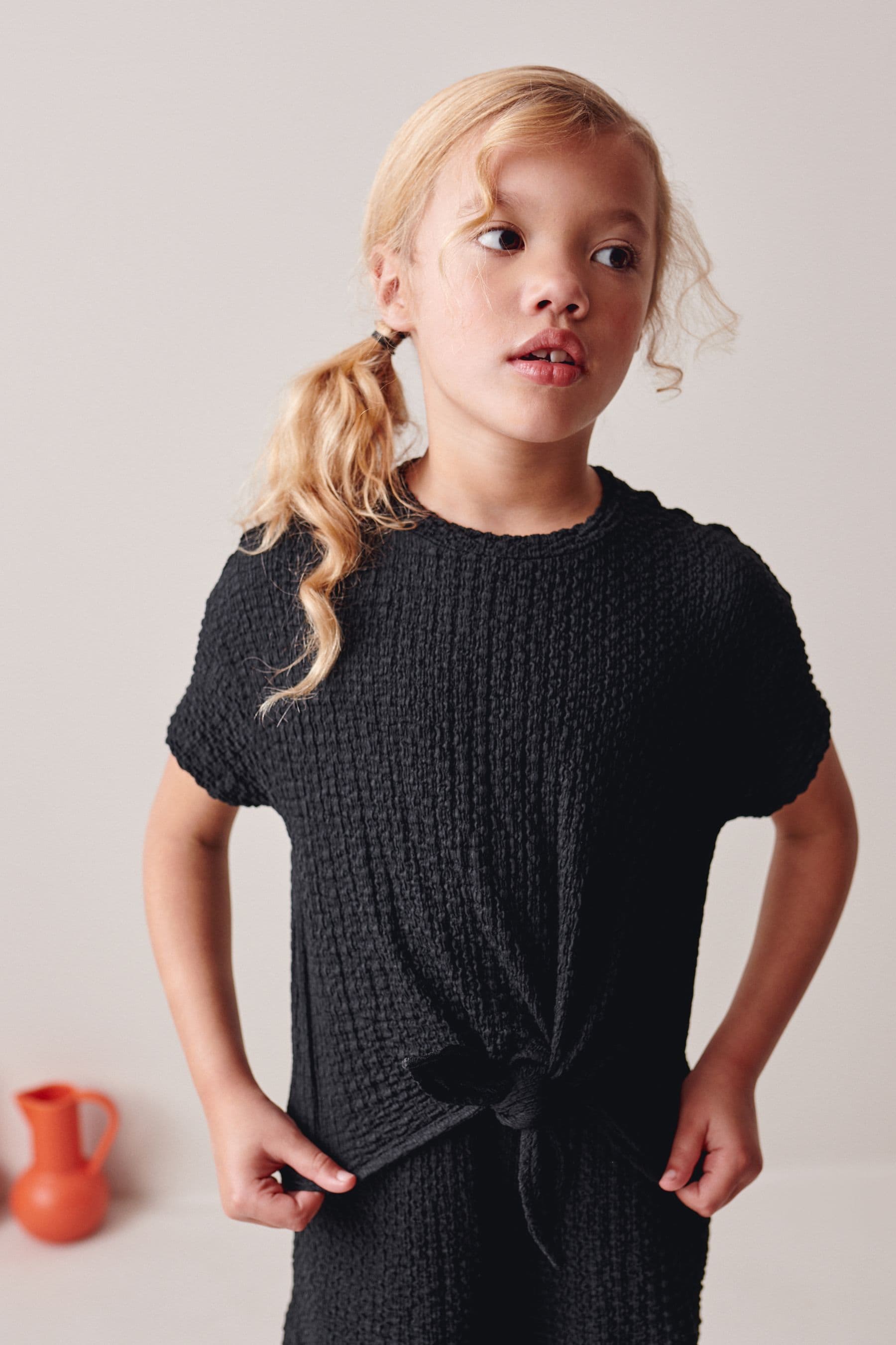 Black Textured Crinkle Tie Front T-Shirt and Shorts Set (3-16yrs)