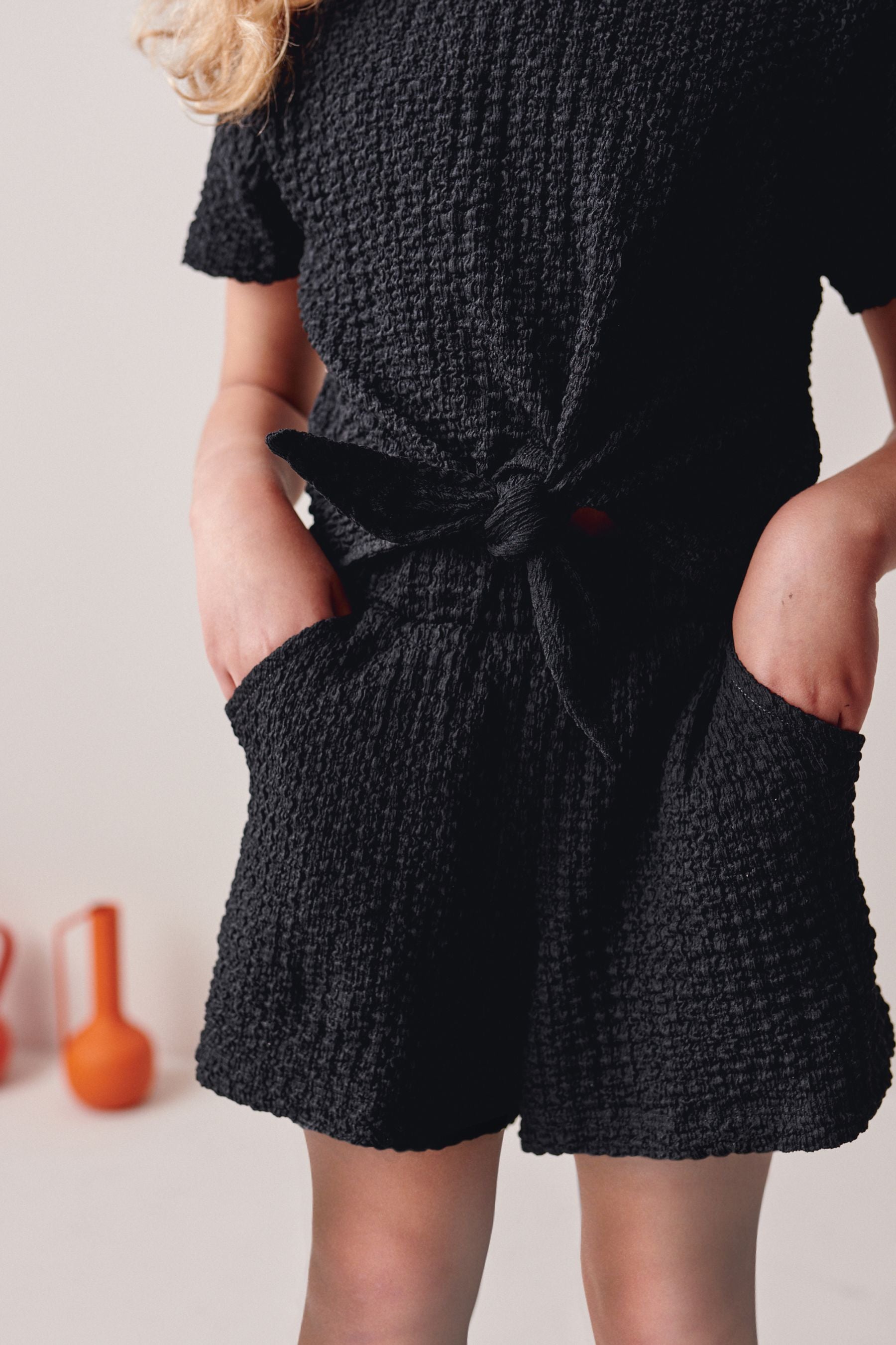 Black Textured Crinkle Tie Front T-Shirt and Shorts Set (3-16yrs)