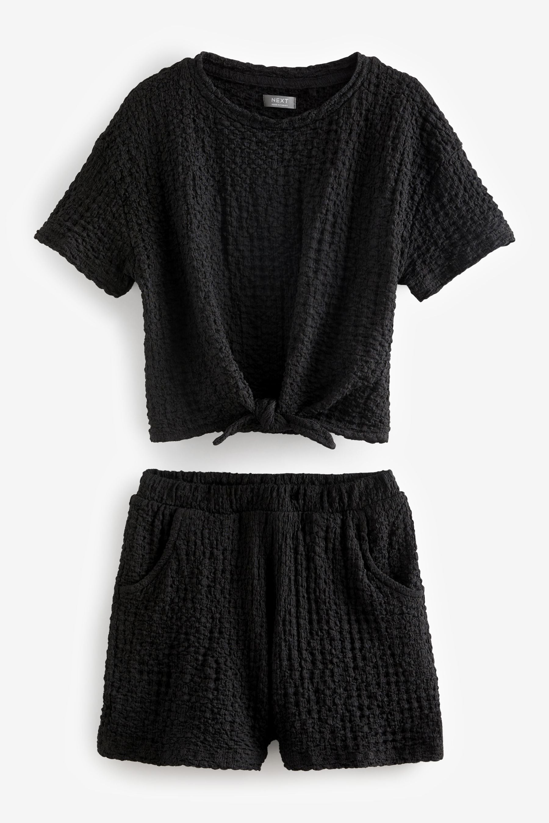 Black Textured Crinkle Tie Front T-Shirt and Shorts Set (3-16yrs)