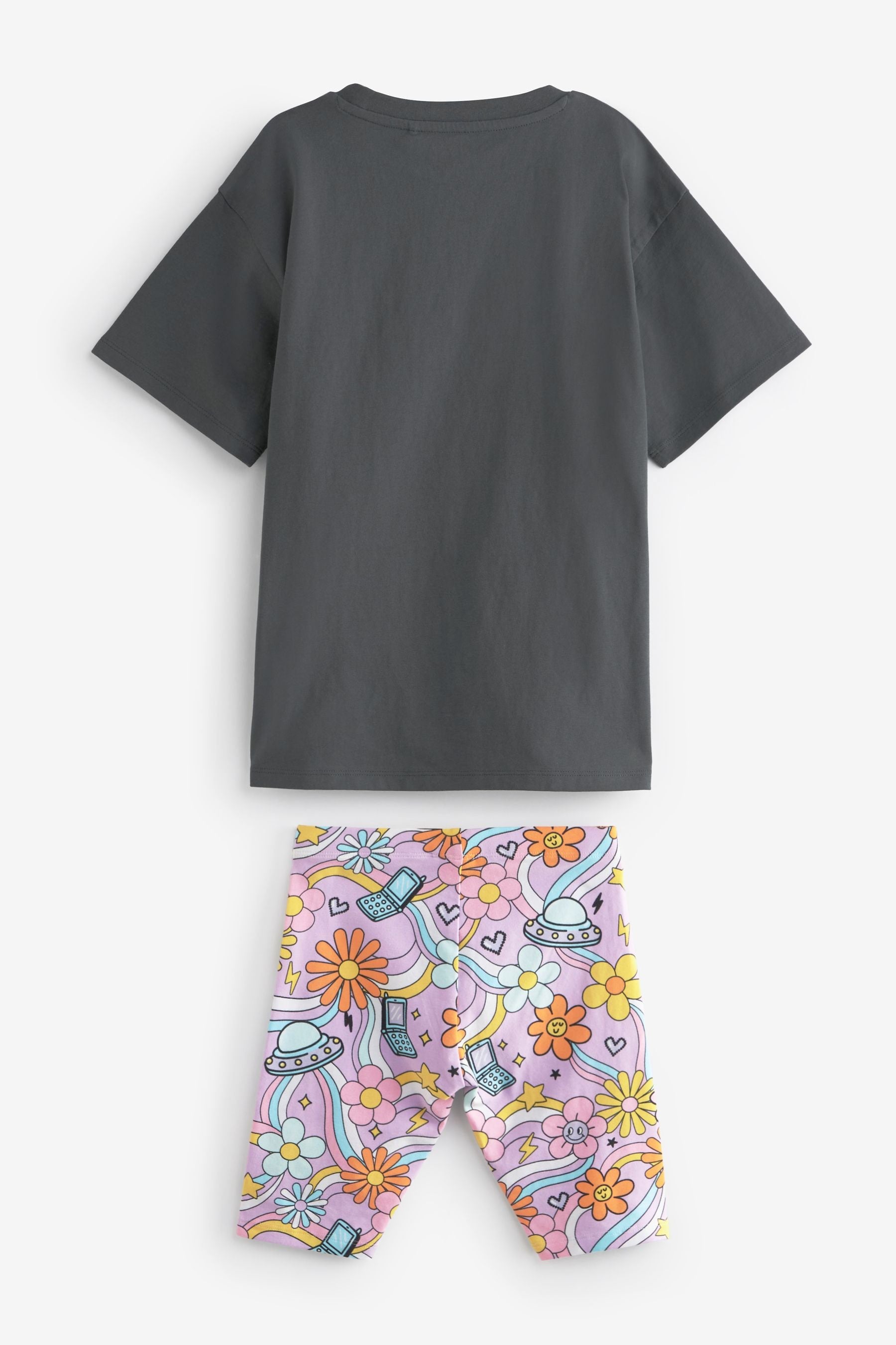 Charcoal Grey Bright Character Oversized T-Shirt and Cycle Shorts Set (3-16yrs)