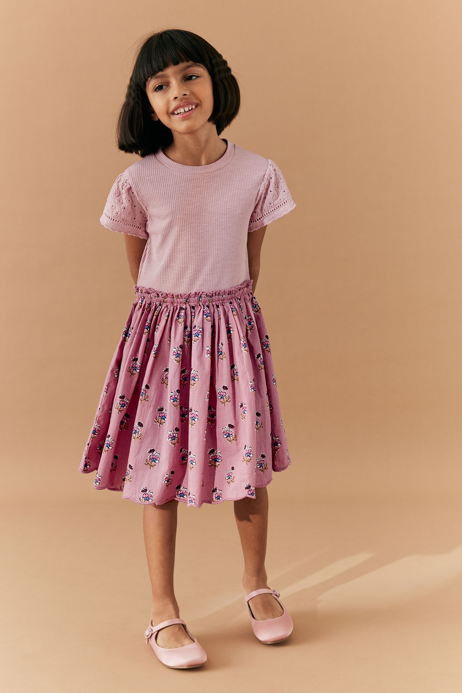 Pink Woodblock Floral 100% Cotton Skirt Dress (3-12yrs)