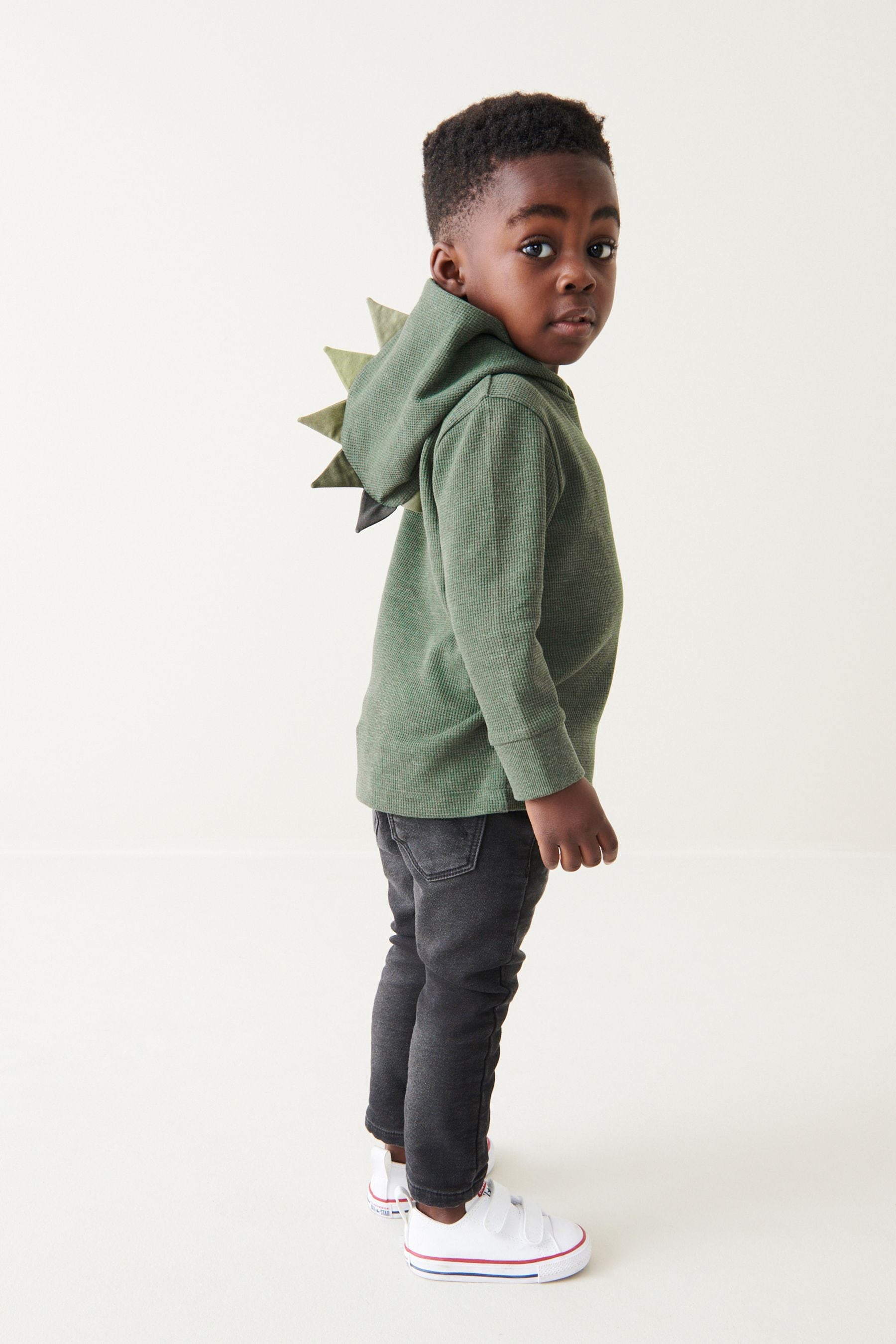 Khaki Green Textured Jersey Dino Spikes Hoodie (3mths-10yrs)