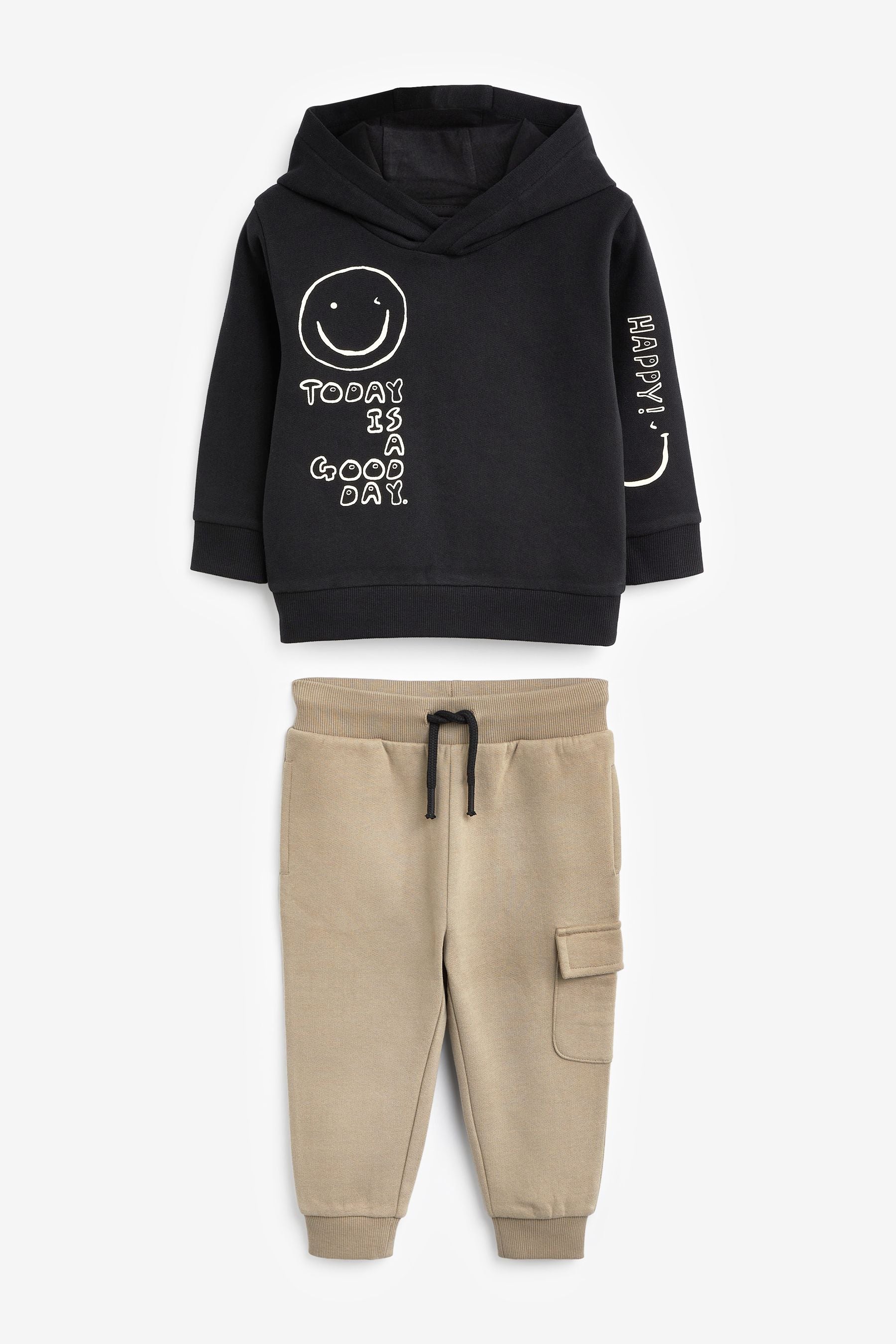 Black Slogan Character Hoodie And Joggers Set (3mths-7yrs)