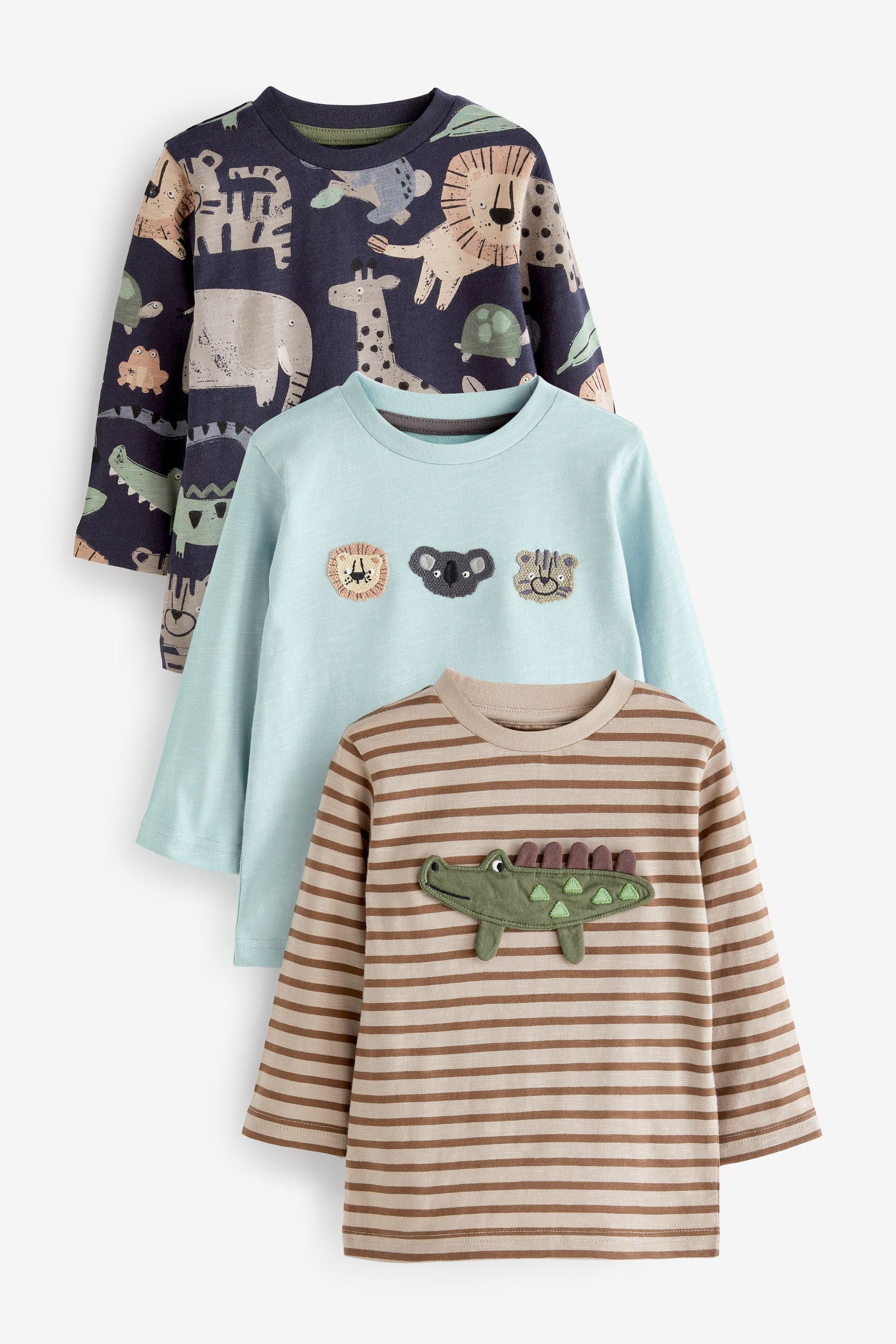 Charcoal Grey Safari Animals Long Sleeve Character T-Shirts 3 Pack (3mths-7yrs)