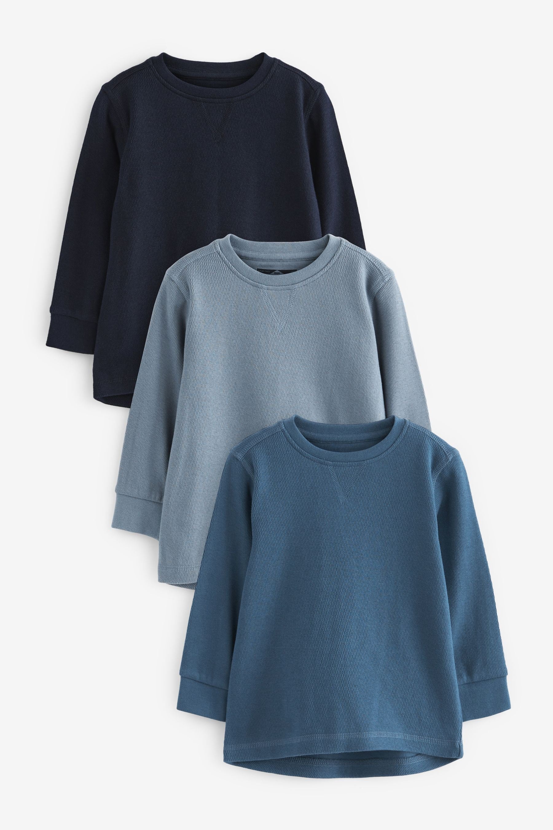 Blue Long Sleeve Textured 100% Cotton T-Shirts 3 Pack (3mths-7yrs)