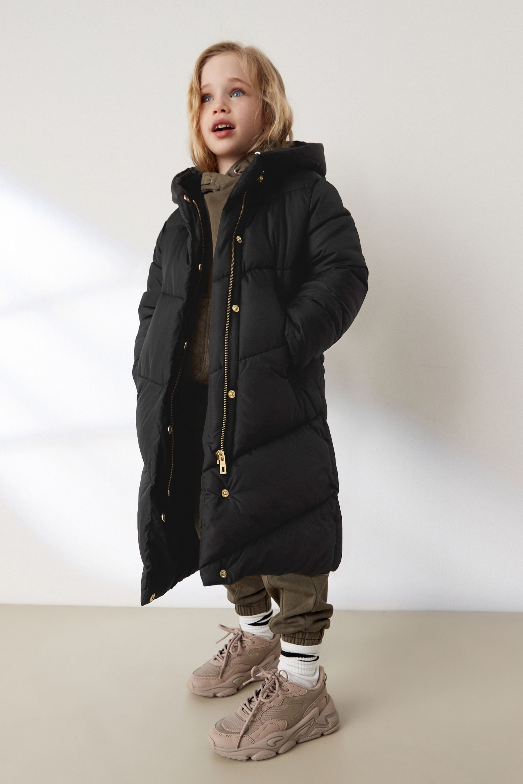 Black Longer Length Shower Resistant Faux Fur Lined Hooded Padded Coat (3-16yrs)