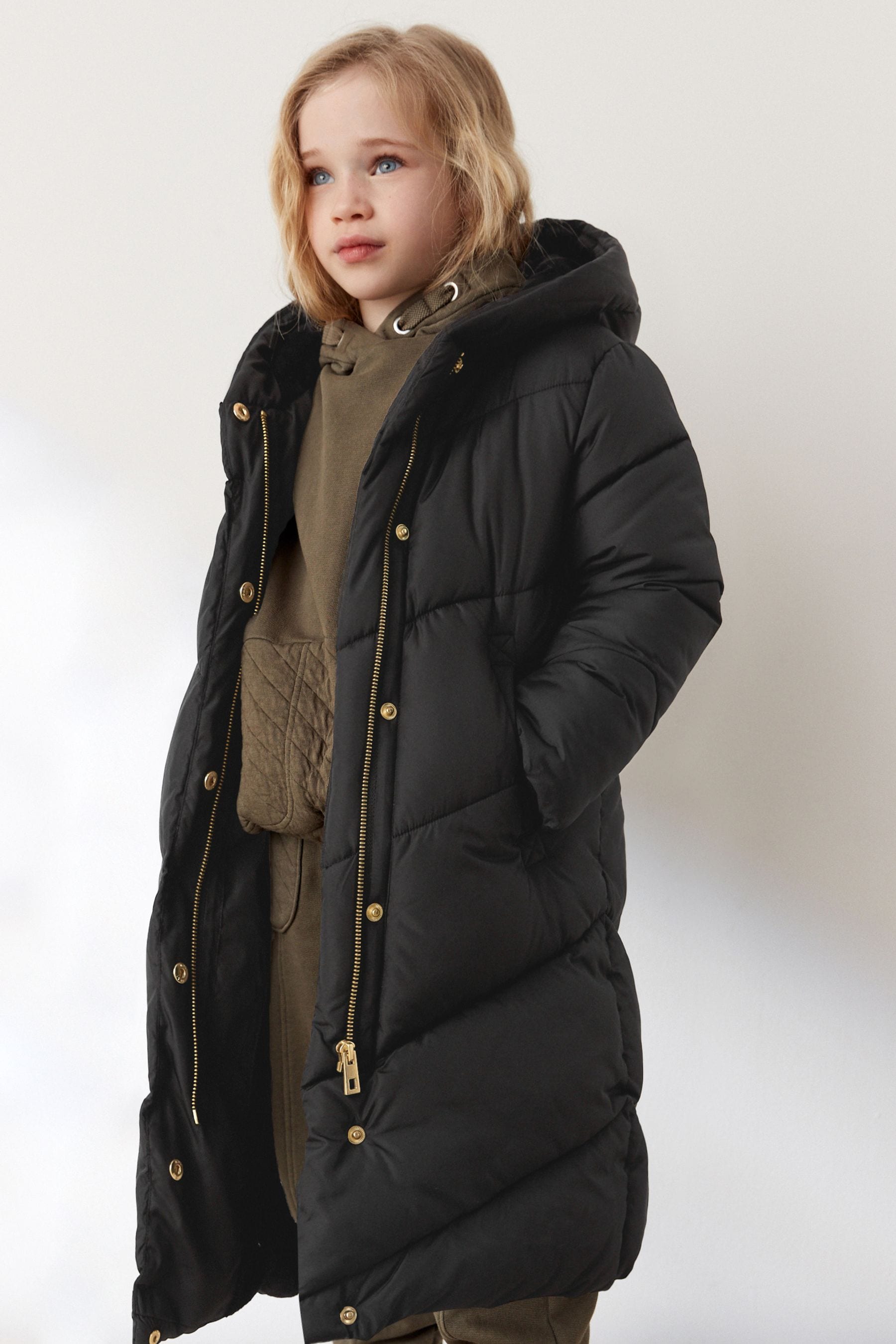 Black Longer Length Shower Resistant Faux Fur Lined Hooded Padded Coat (3-16yrs)