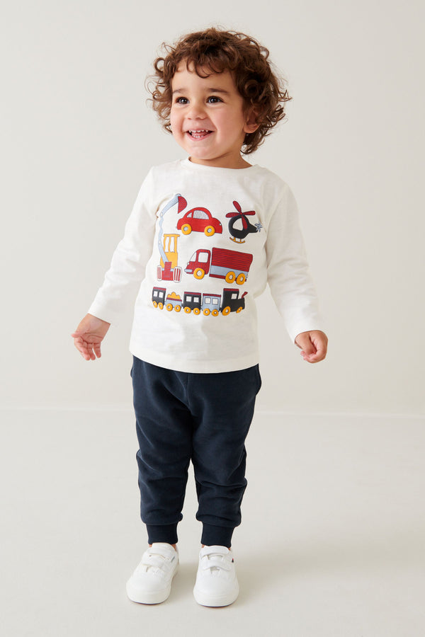 White/Navy Blue Transport Long Sleeve T-Shirt and Joggers Set (3mths-7yrs)