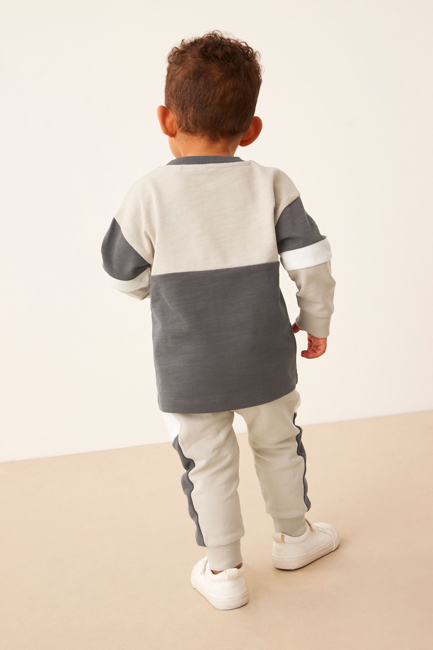 Charcoal Grey Monochrome 100% Cotton Long Sleeve Cosy Colourblock T-Shirt and Joggers Set (3mths-7yrs)