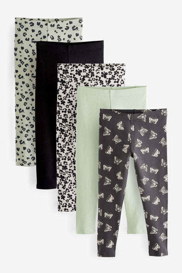 Black/Soft Green Animal Leggings 5 Pack (3-16yrs)