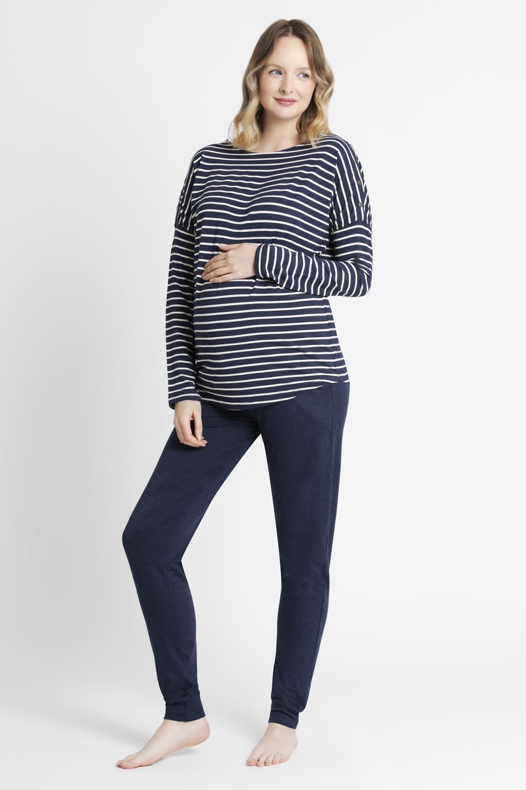 JoJo Maman Bébé Navy Stripe Maternity & Nursing Pyjama Set