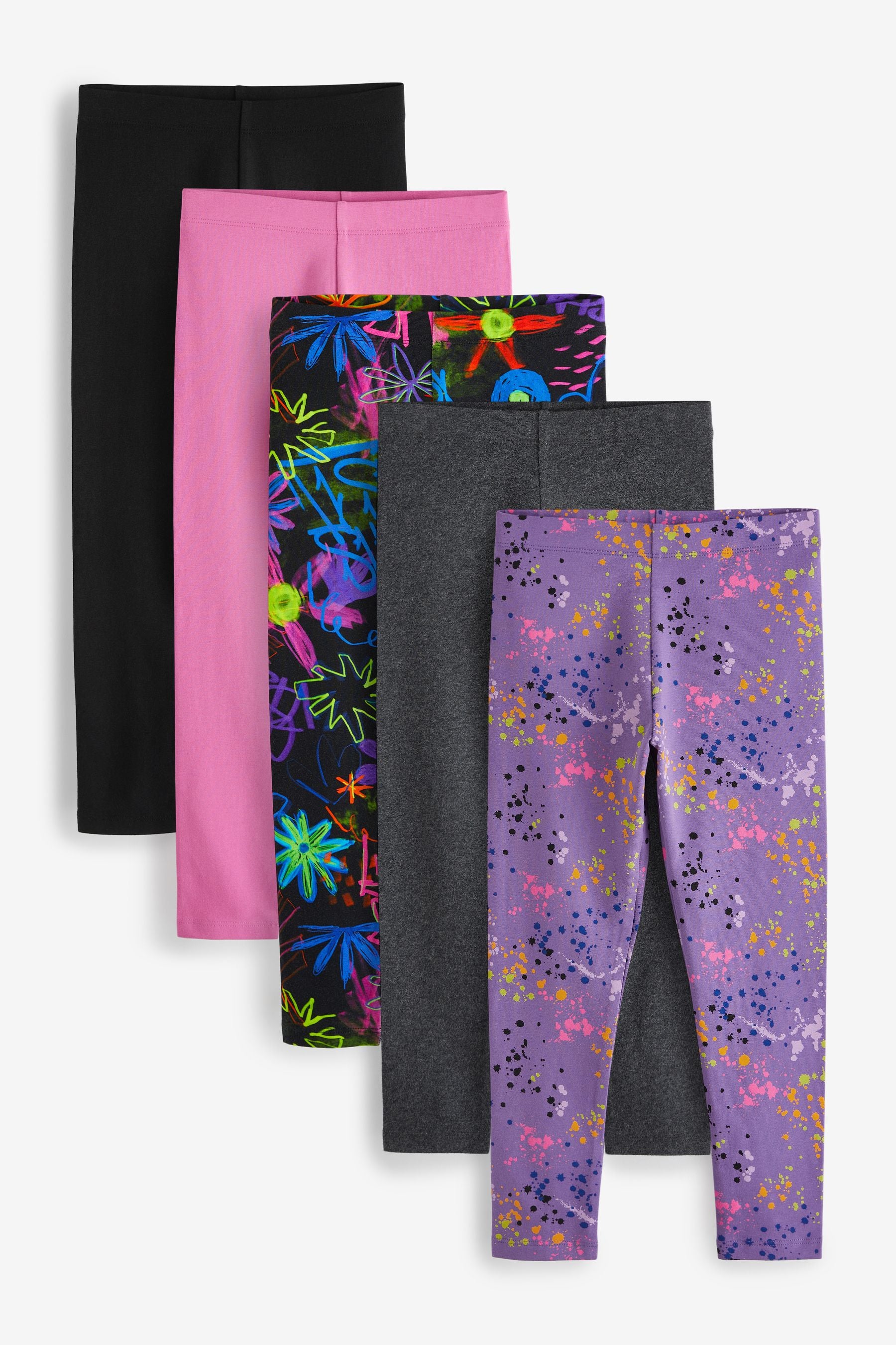 Black/Pink/Blue/ Doodle Graffiti Print Leggings 5 Pack (3-16yrs)