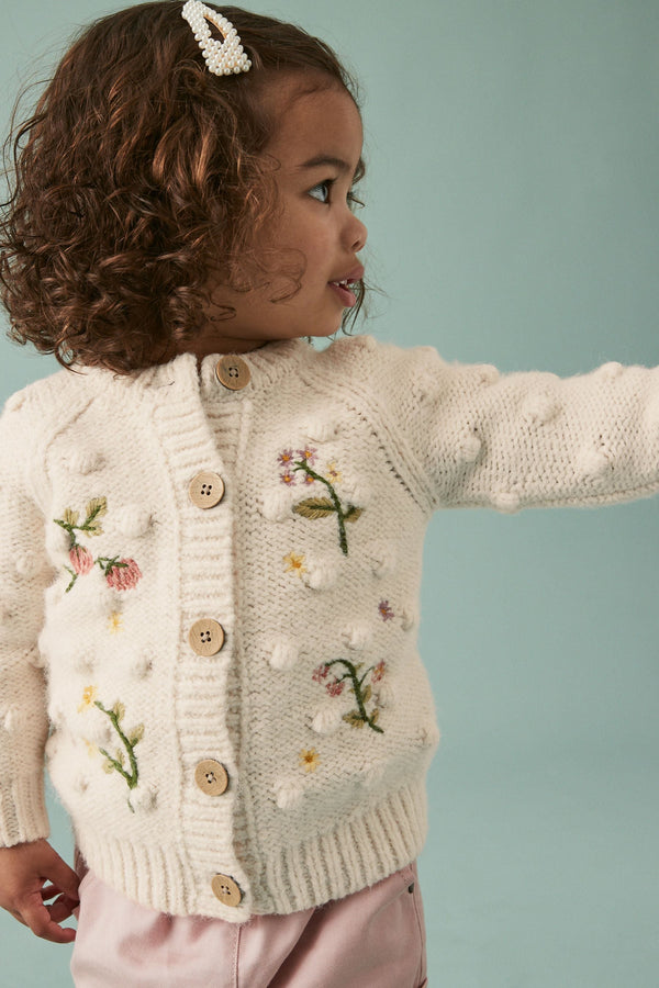 Ecru Cream Marl Chunky Knit Bobble Cardigan (3mths-10yrs)