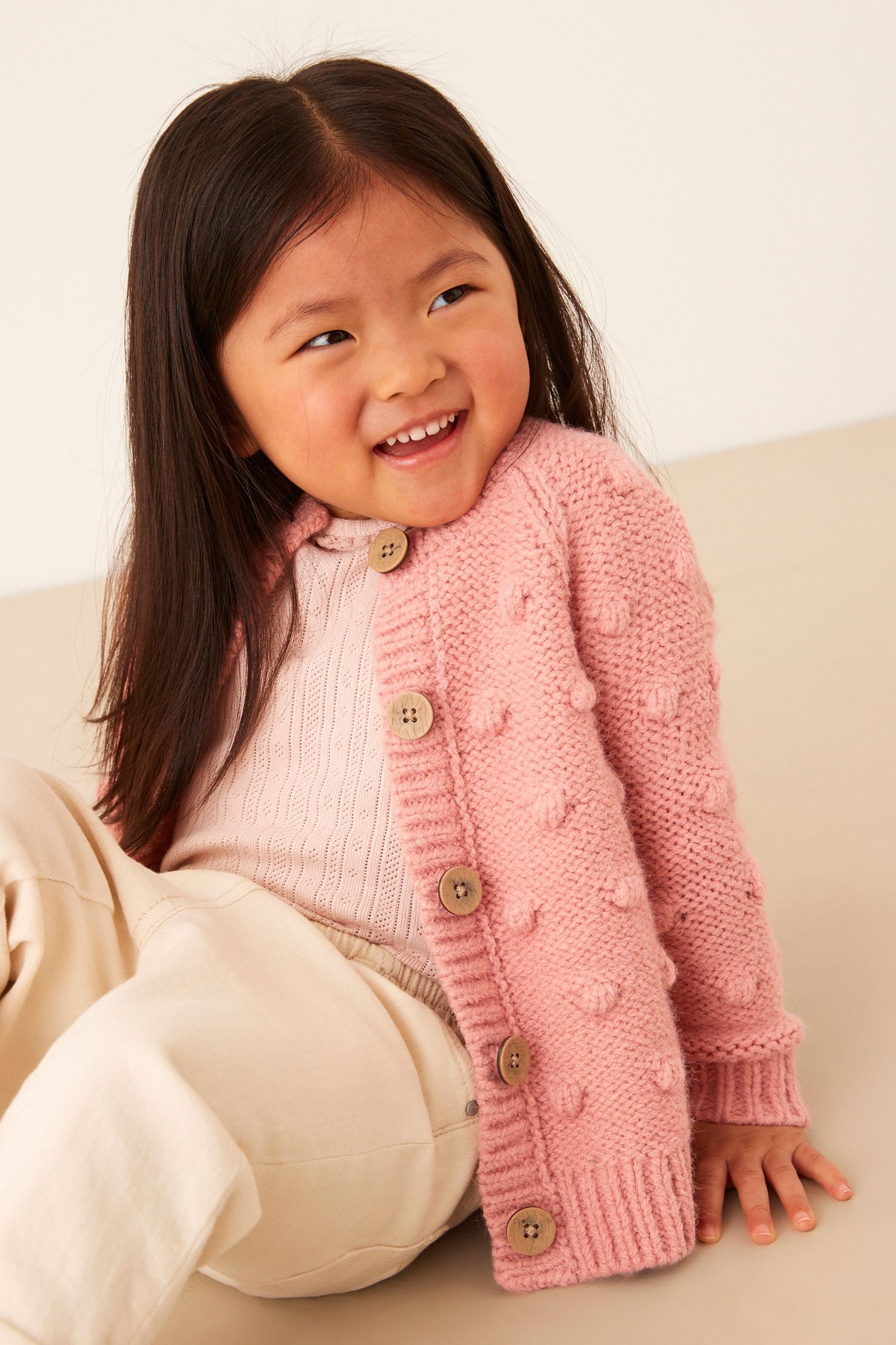 Pink Chunky Knit Bobble Cardigan (3mths-10yrs)