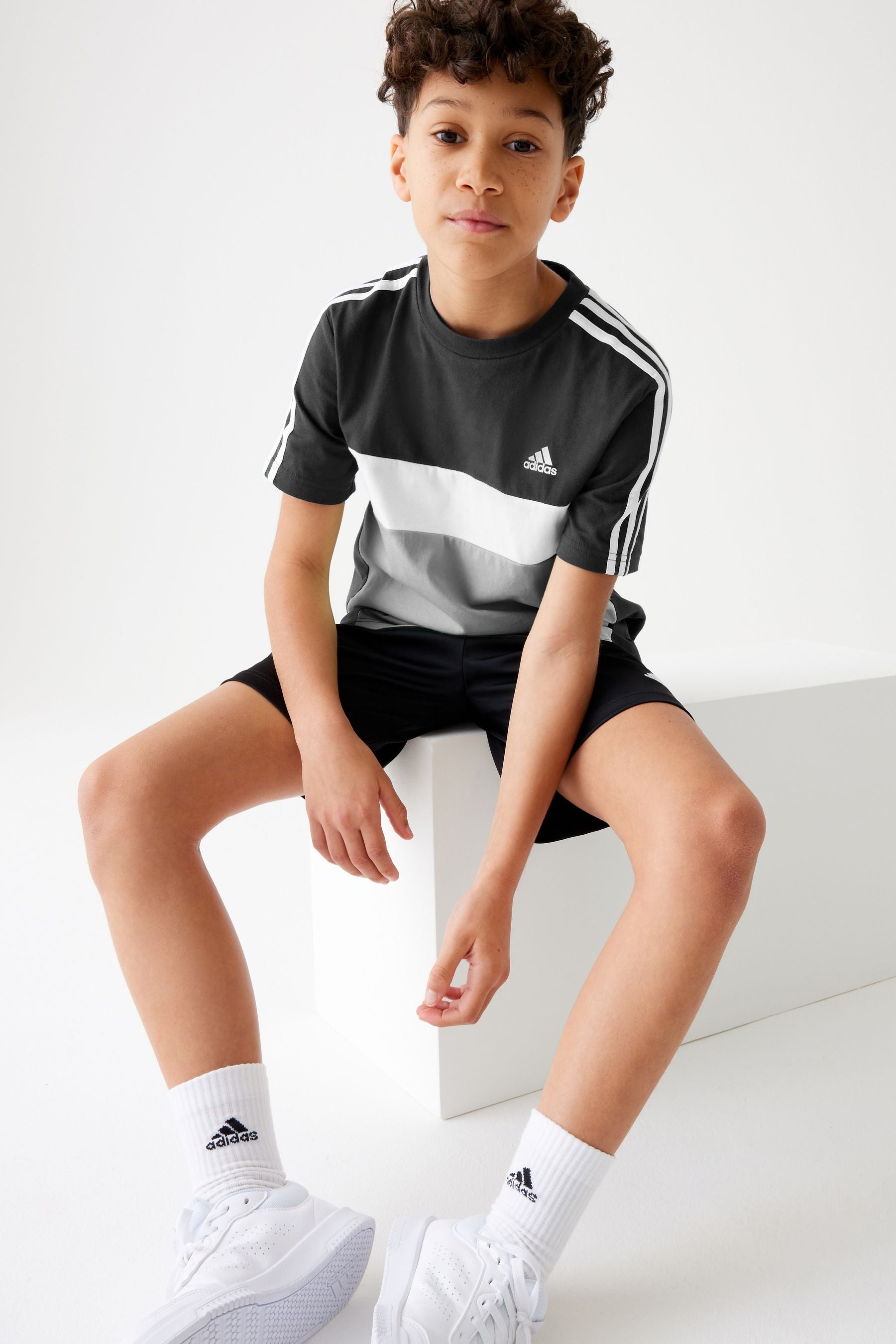 Black adidas Kids Sportswear Tiberio 3-Stripes Colourblock 100% Cotton T-Shirt